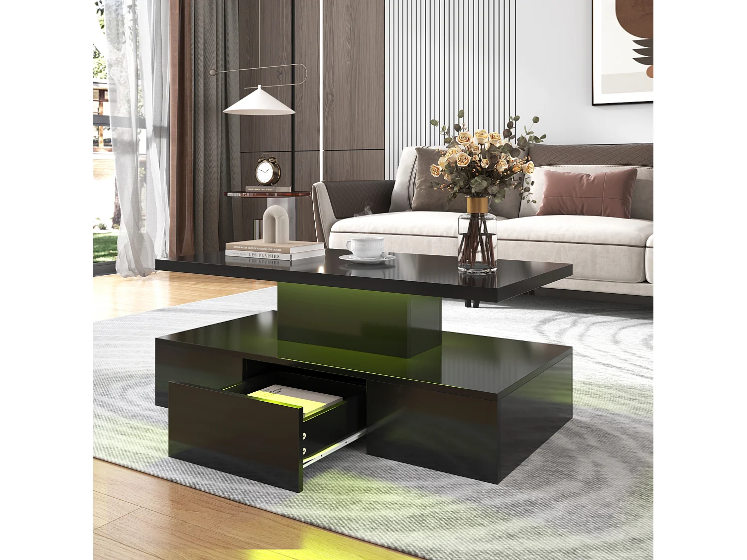 Table Basse Moderne avec Éclairage LED, 2 Niveaux et Tiroirs, Finition laquée haute brillance, Table d'appoint en Bois, Noir