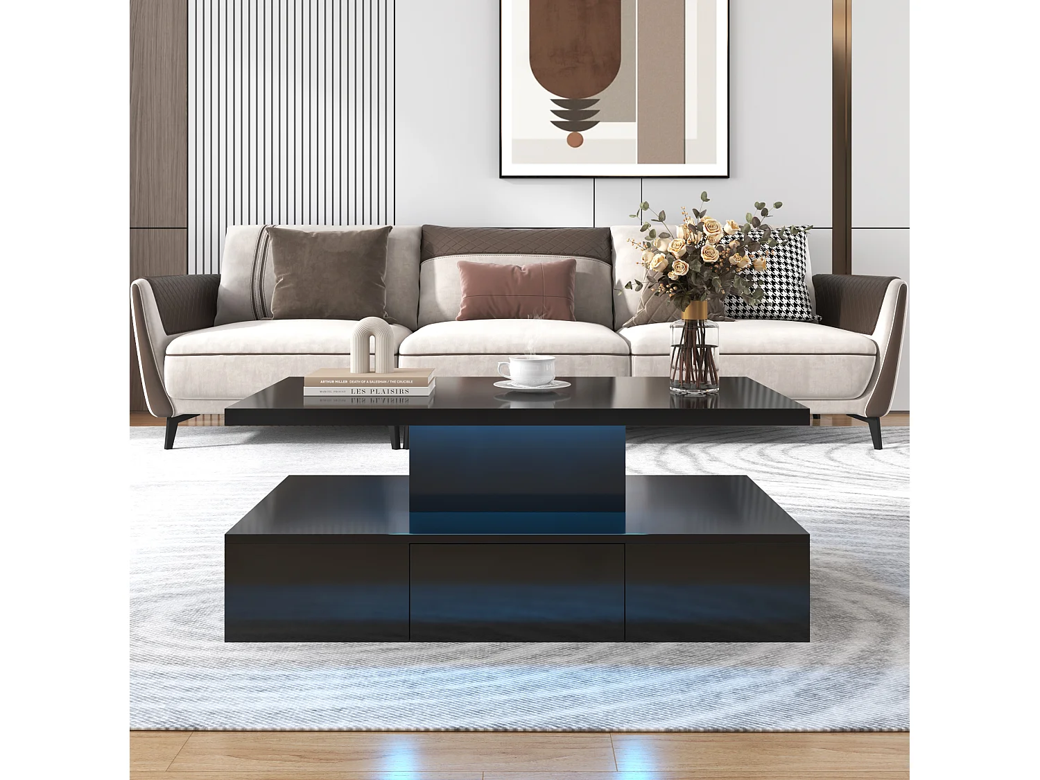 Table Basse Moderne avec Éclairage LED, 2 Niveaux et Tiroirs, Finition laquée haute brillance, Table d'appoint en Bois, Noir