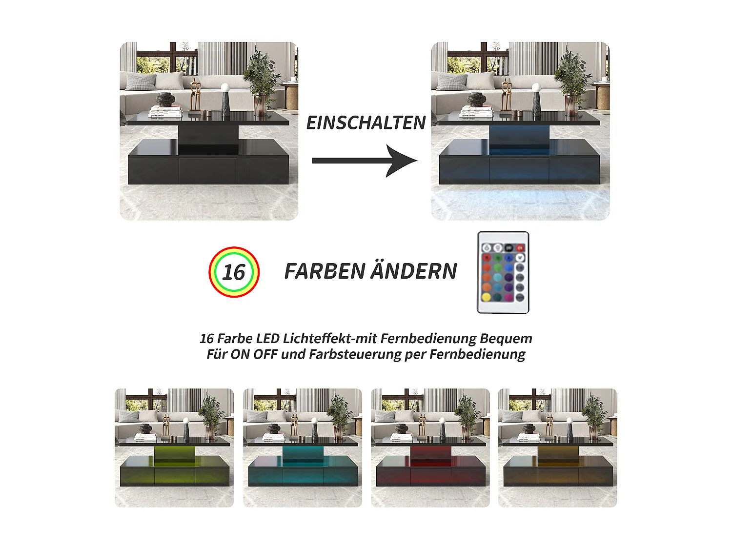 Table Basse Moderne avec Éclairage LED, 2 Niveaux et Tiroirs, Finition laquée haute brillance, Table d'appoint en Bois, Noir