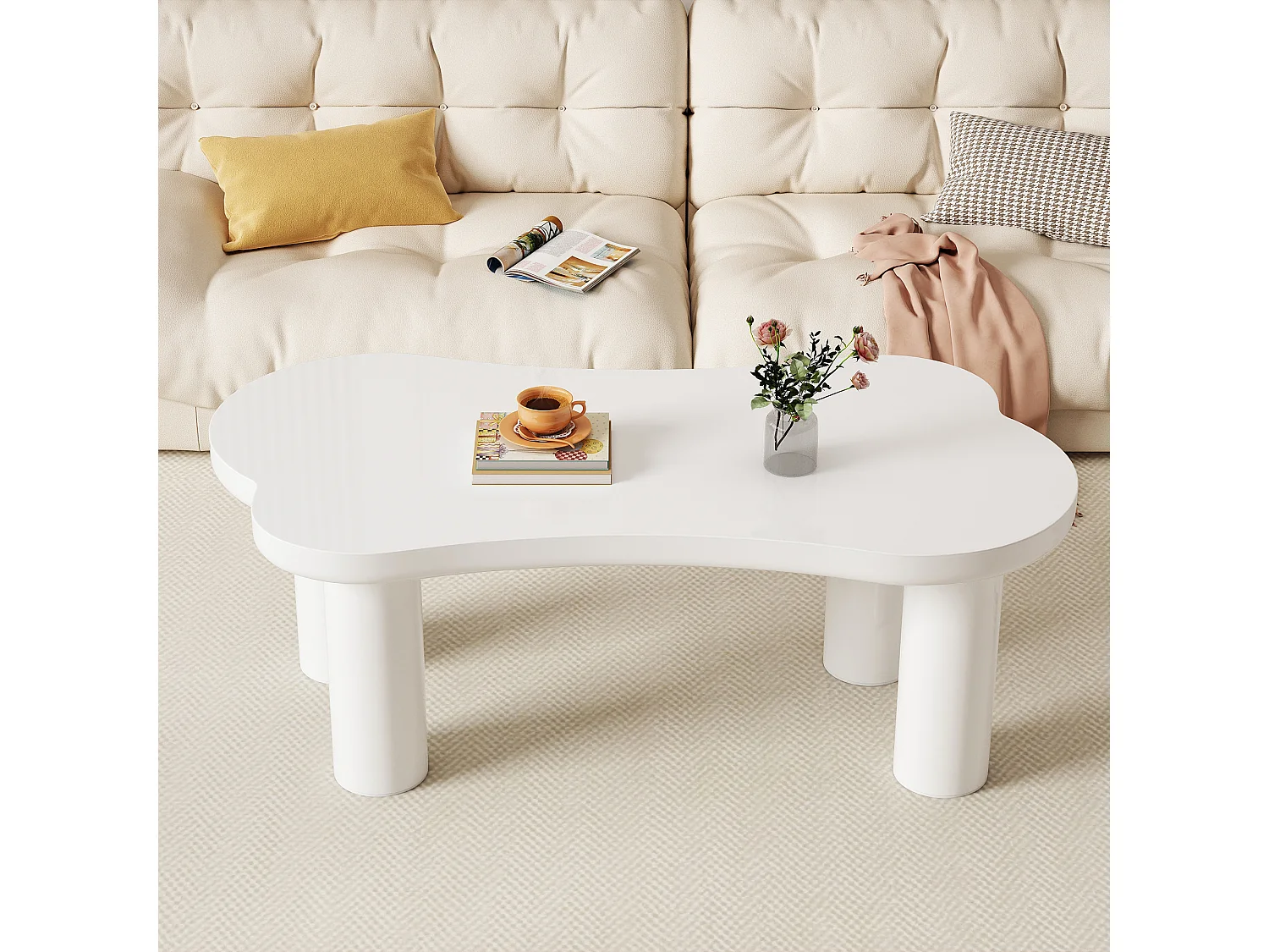 Table basse originale en forme d'os, 113 cm de long, 58 cm de large, 40,5 cm de haut, plateau MDF et pieds PVC avec sous-couche en feutre