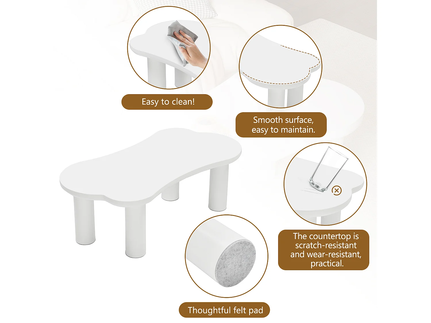 Table basse originale en forme d'os, 113 cm de long, 58 cm de large, 40,5 cm de haut, plateau MDF et pieds PVC avec sous-couche en feutre