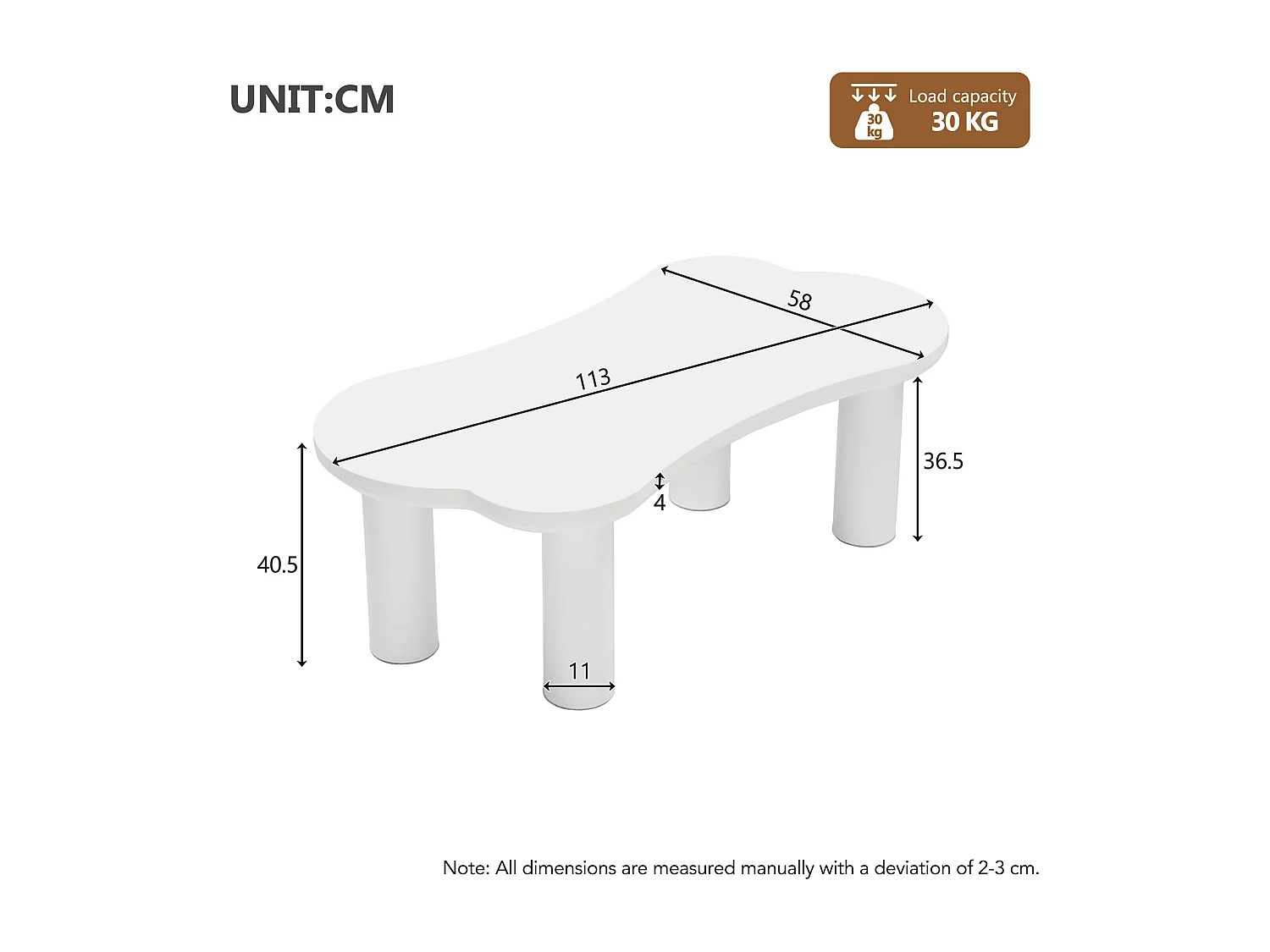 Table basse originale en forme d'os, 113 cm de long, 58 cm de large, 40,5 cm de haut, plateau MDF et pieds PVC avec sous-couche en feutre