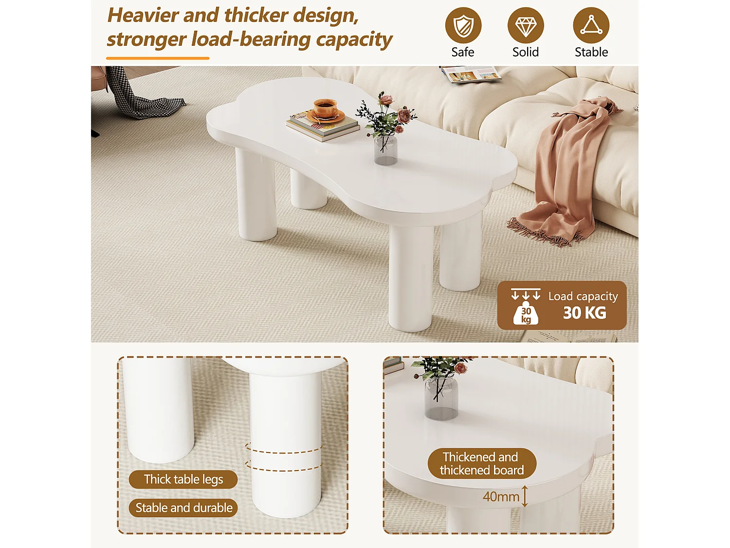 Table basse originale en forme d'os, 113 cm de long, 58 cm de large, 40,5 cm de haut, plateau MDF et pieds PVC avec sous-couche en feutre