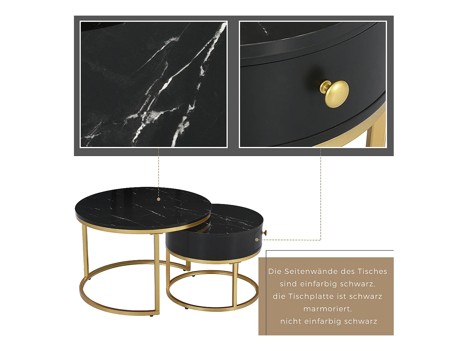 Table Basse Empilable 2 pièces avec Motif Marbre, Plateau Haut Brillant et Cadre Métallique Doré – Table Basse Ronde, Design Élégant et Gain