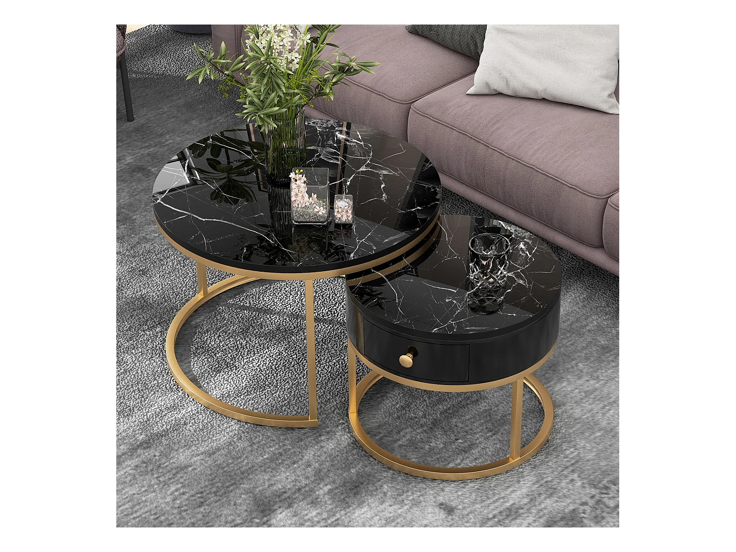 Table Basse Empilable 2 pièces avec Motif Marbre, Plateau Haut Brillant et Cadre Métallique Doré – Table Basse Ronde, Design Élégant et Gain