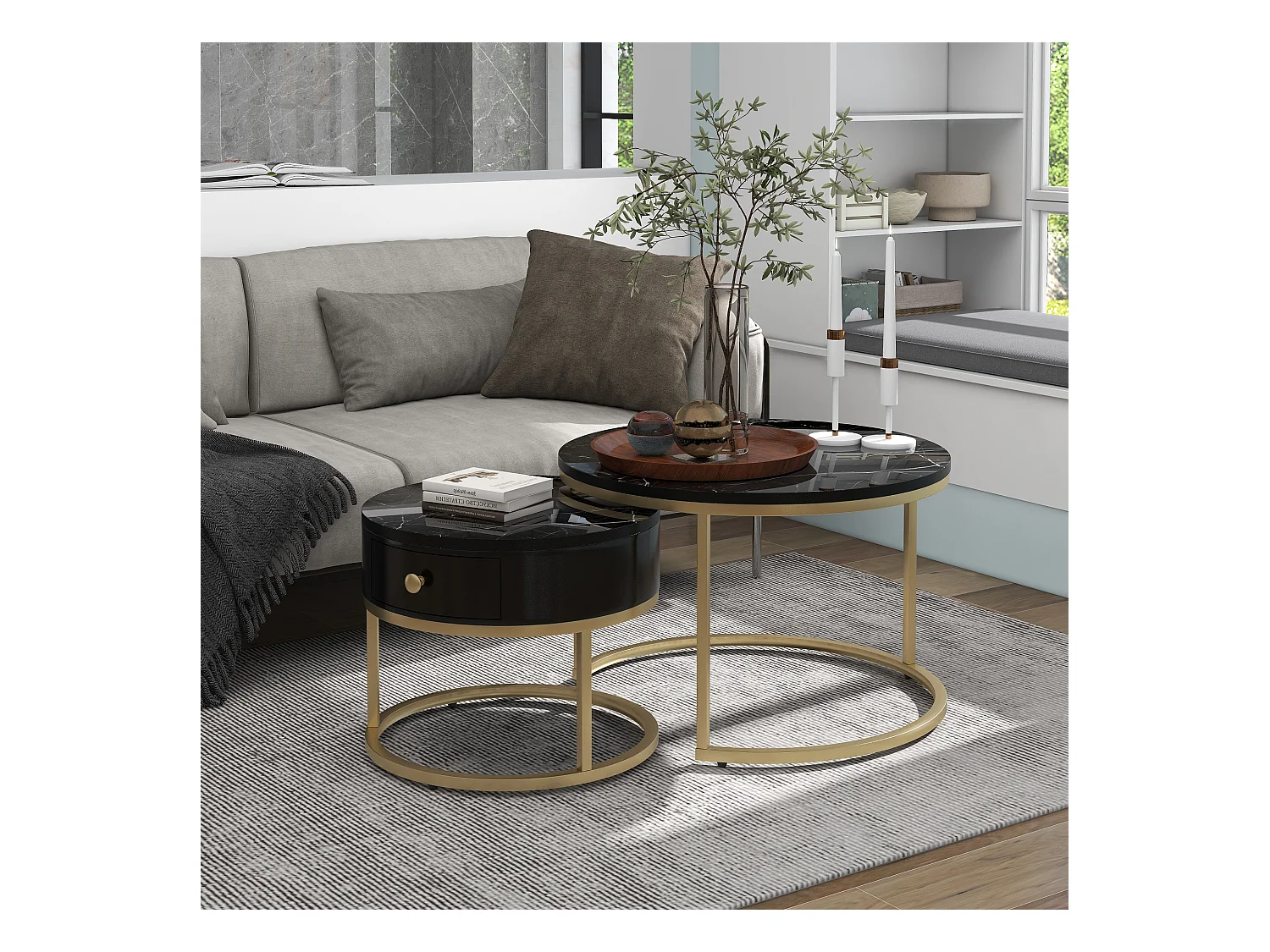 Table Basse Empilable 2 pièces avec Motif Marbre, Plateau Haut Brillant et Cadre Métallique Doré – Table Basse Ronde, Design Élégant et Gain