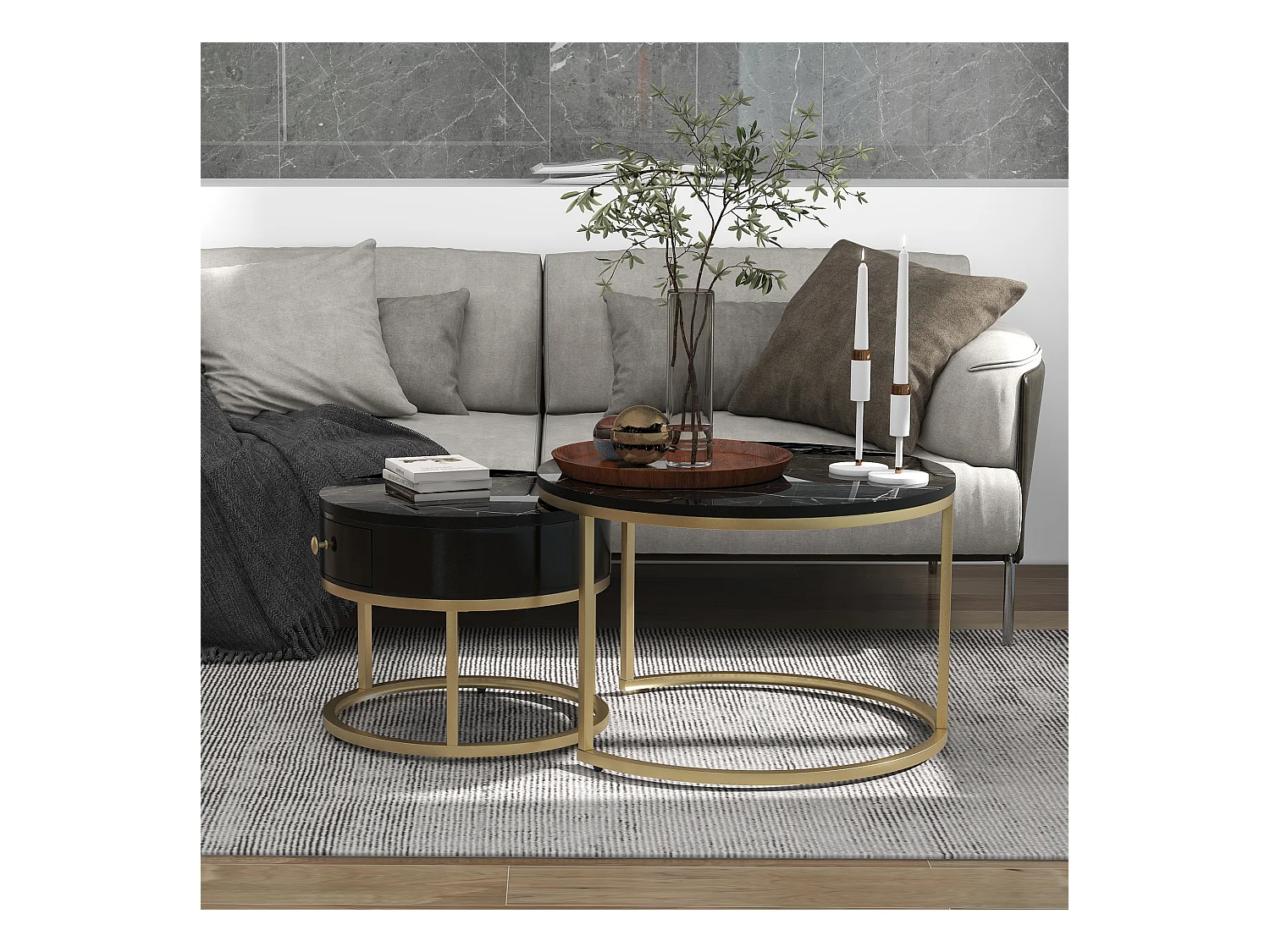 Table Basse Empilable 2 pièces avec Motif Marbre, Plateau Haut Brillant et Cadre Métallique Doré – Table Basse Ronde, Design Élégant et Gain