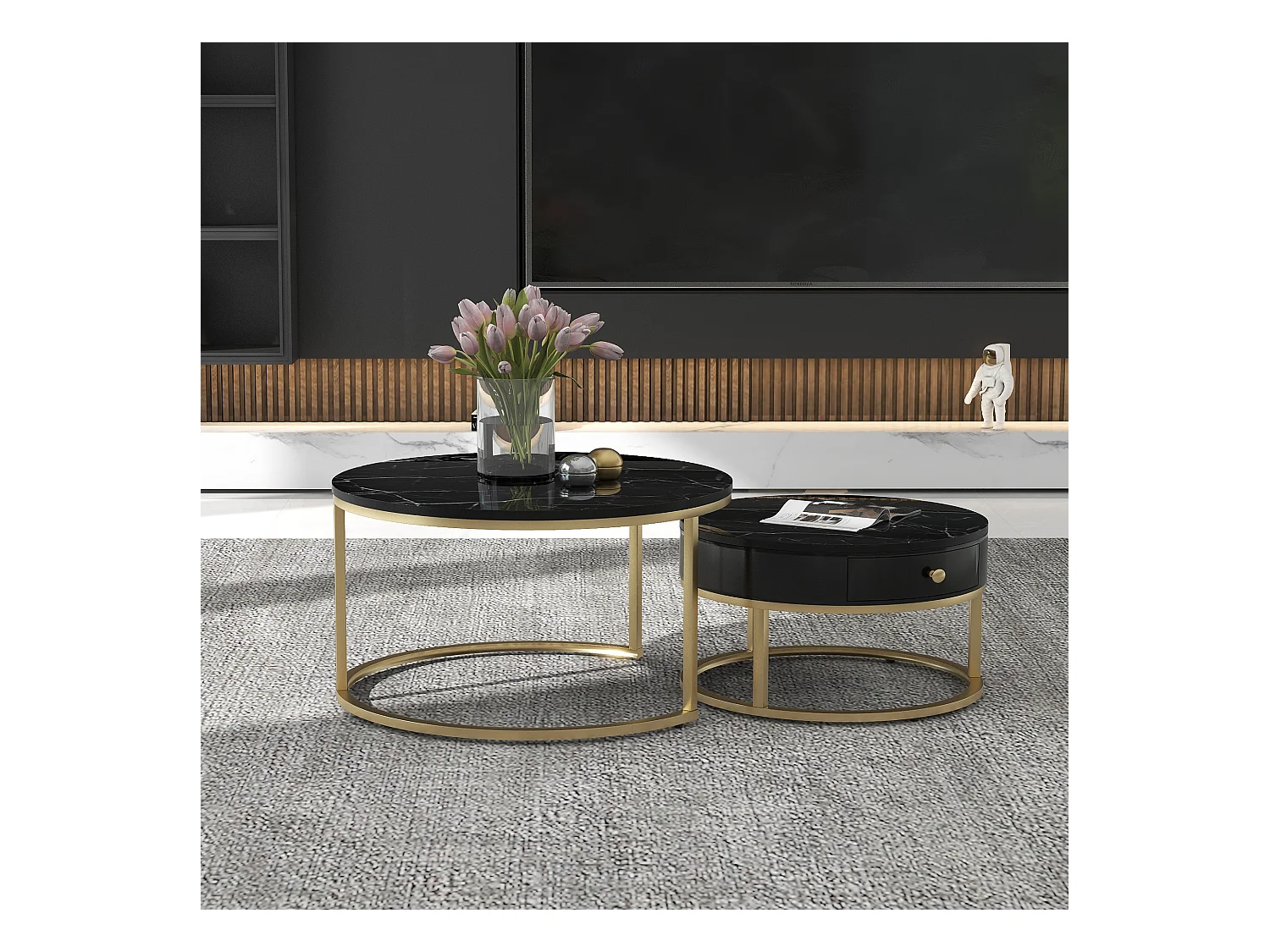 Table Basse Empilable 2 pièces avec Motif Marbre, Plateau Haut Brillant et Cadre Métallique Doré – Table Basse Ronde, Design Élégant et Gain