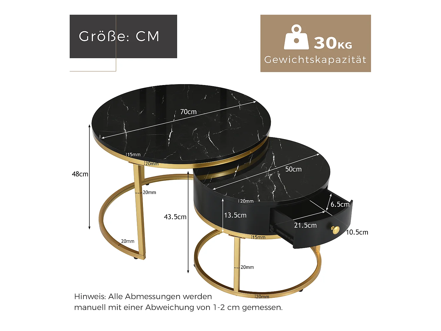 Table Basse Empilable 2 pièces avec Motif Marbre, Plateau Haut Brillant et Cadre Métallique Doré – Table Basse Ronde, Design Élégant et Gain
