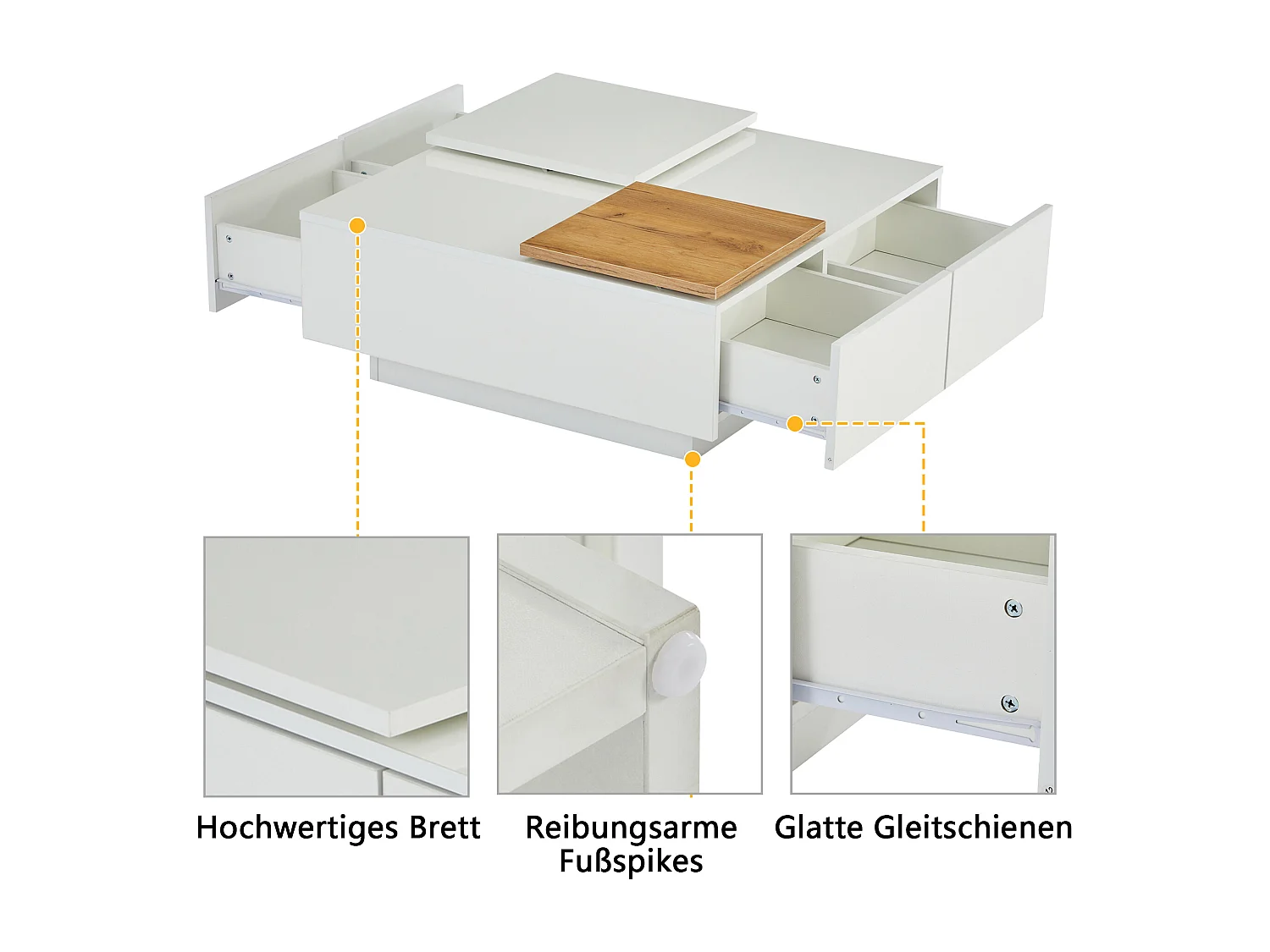 Table basse carrée moderne en bois blanc laqué 75x75x33,5 cm avec plateau mobile, capacité de charge jusqu'à 30 kg, 4 tiroirs