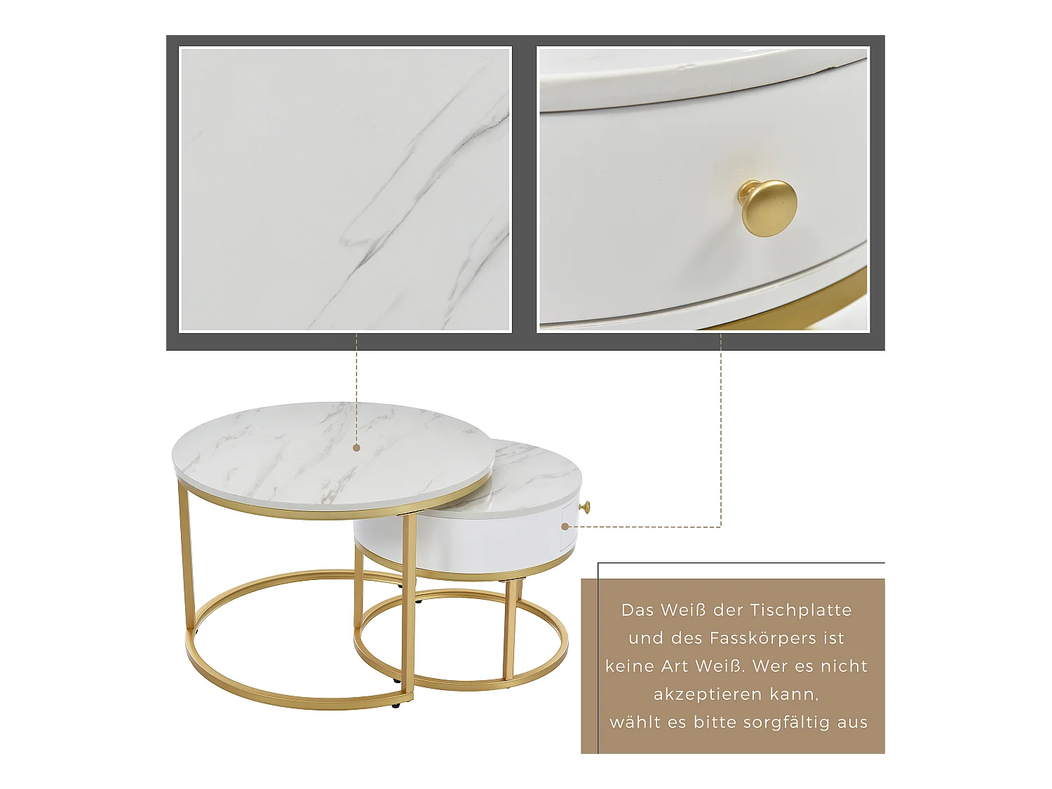 Table basse ronde moderne en marbre haute brillance, set de 2 tables gigognes avec cadre en métal doré, design élégant pour salon, table d'appoint