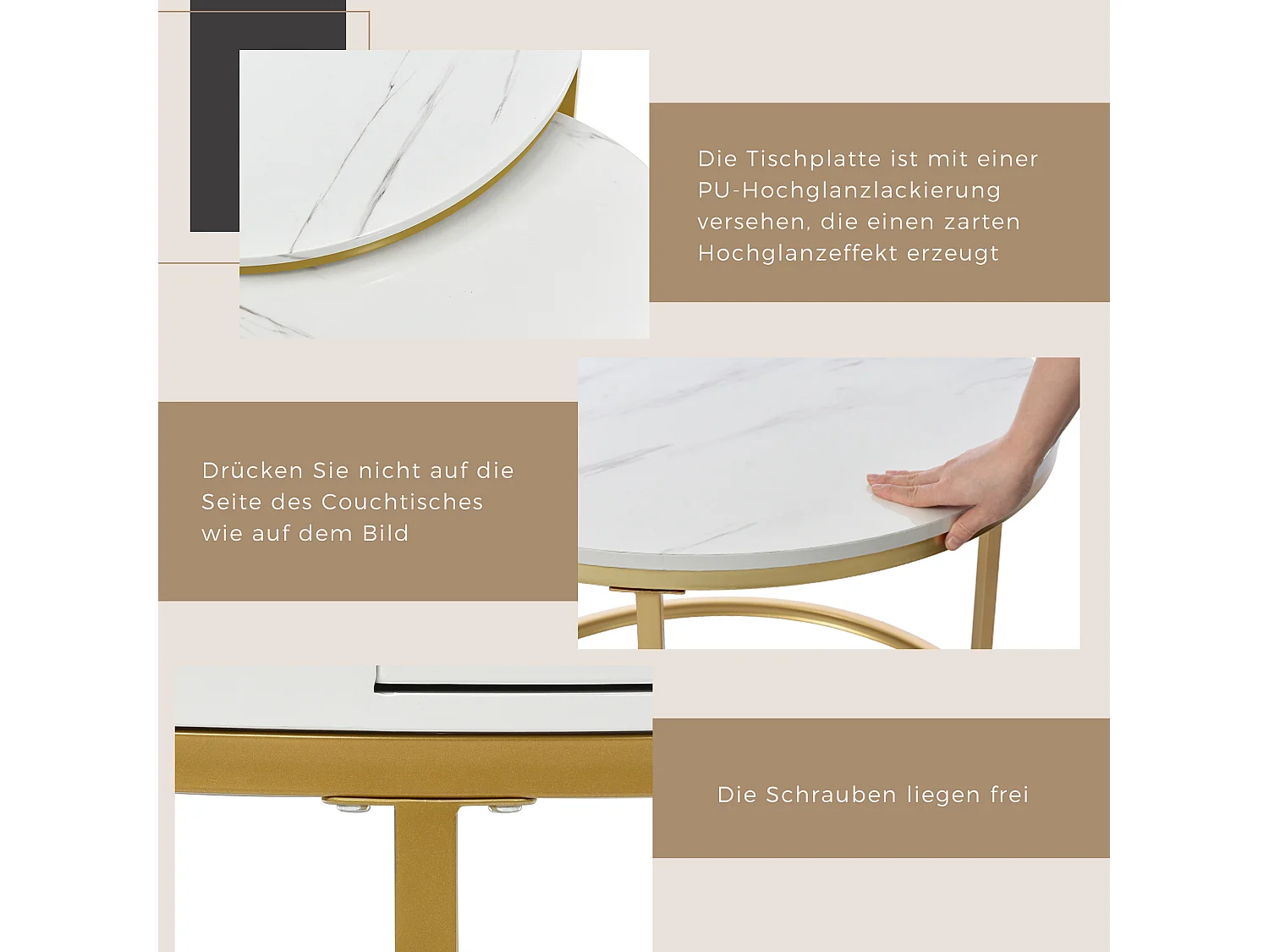 Table basse ronde moderne en marbre haute brillance, set de 2 tables gigognes avec cadre en métal doré, design élégant pour salon, table d'appoint