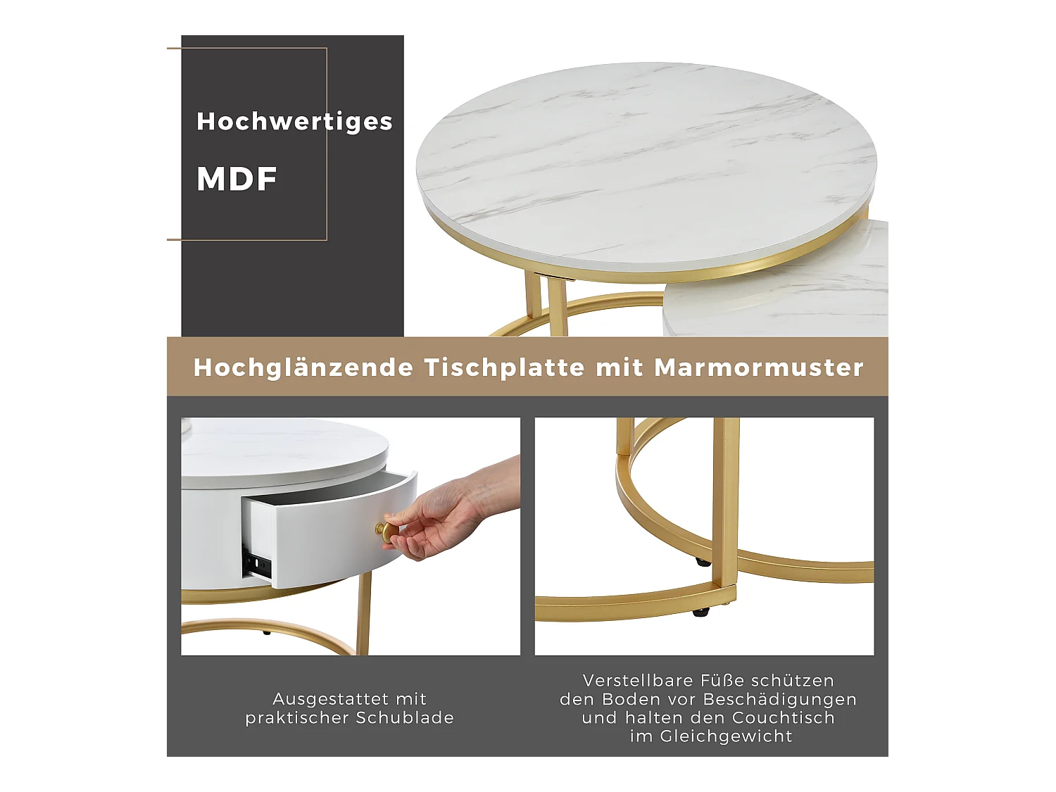 Table basse ronde moderne en marbre haute brillance, set de 2 tables gigognes avec cadre en métal doré, design élégant pour salon, table d'appoint