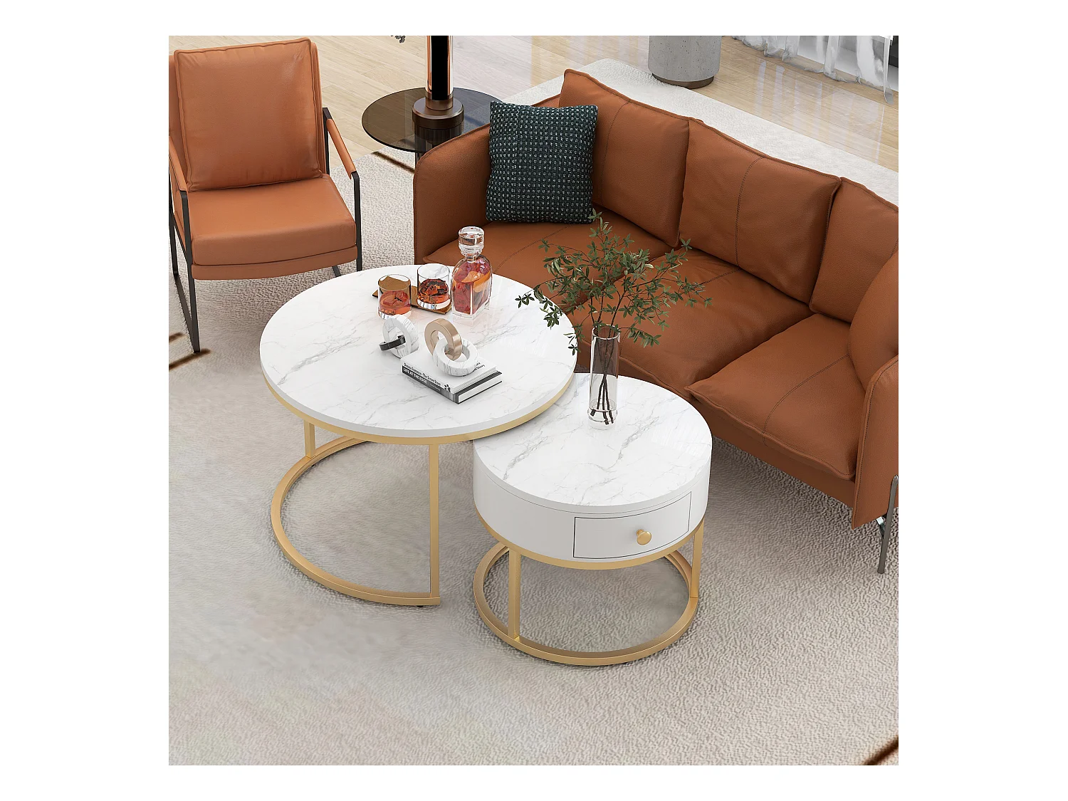 Table basse ronde moderne en marbre haute brillance, set de 2 tables gigognes avec cadre en métal doré, design élégant pour salon, table d'appoint