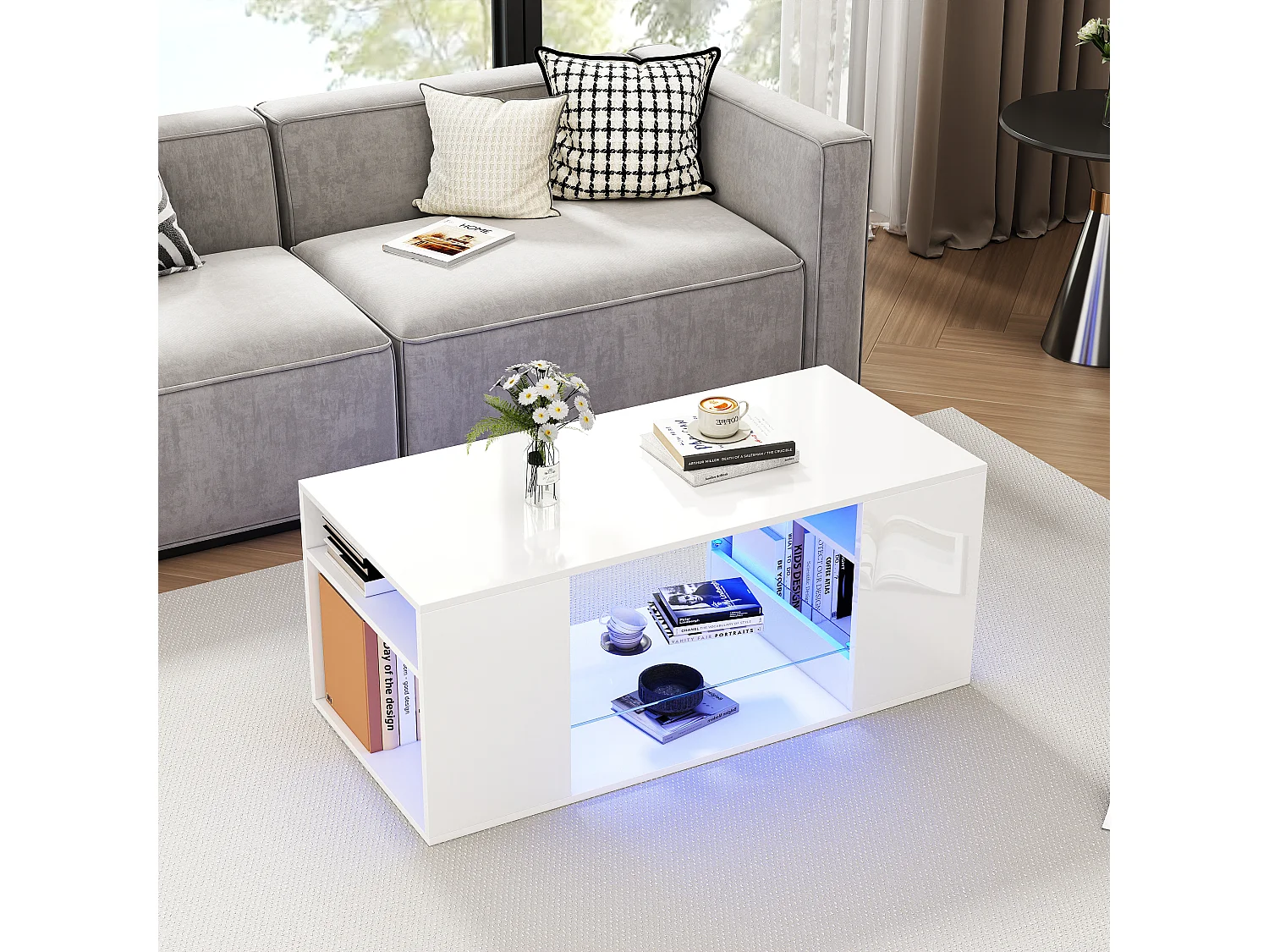 Table basse haute brillance avec verre, LED intégrée, table de salon blanche, plusieurs espaces de rangement, 96x45x45 c