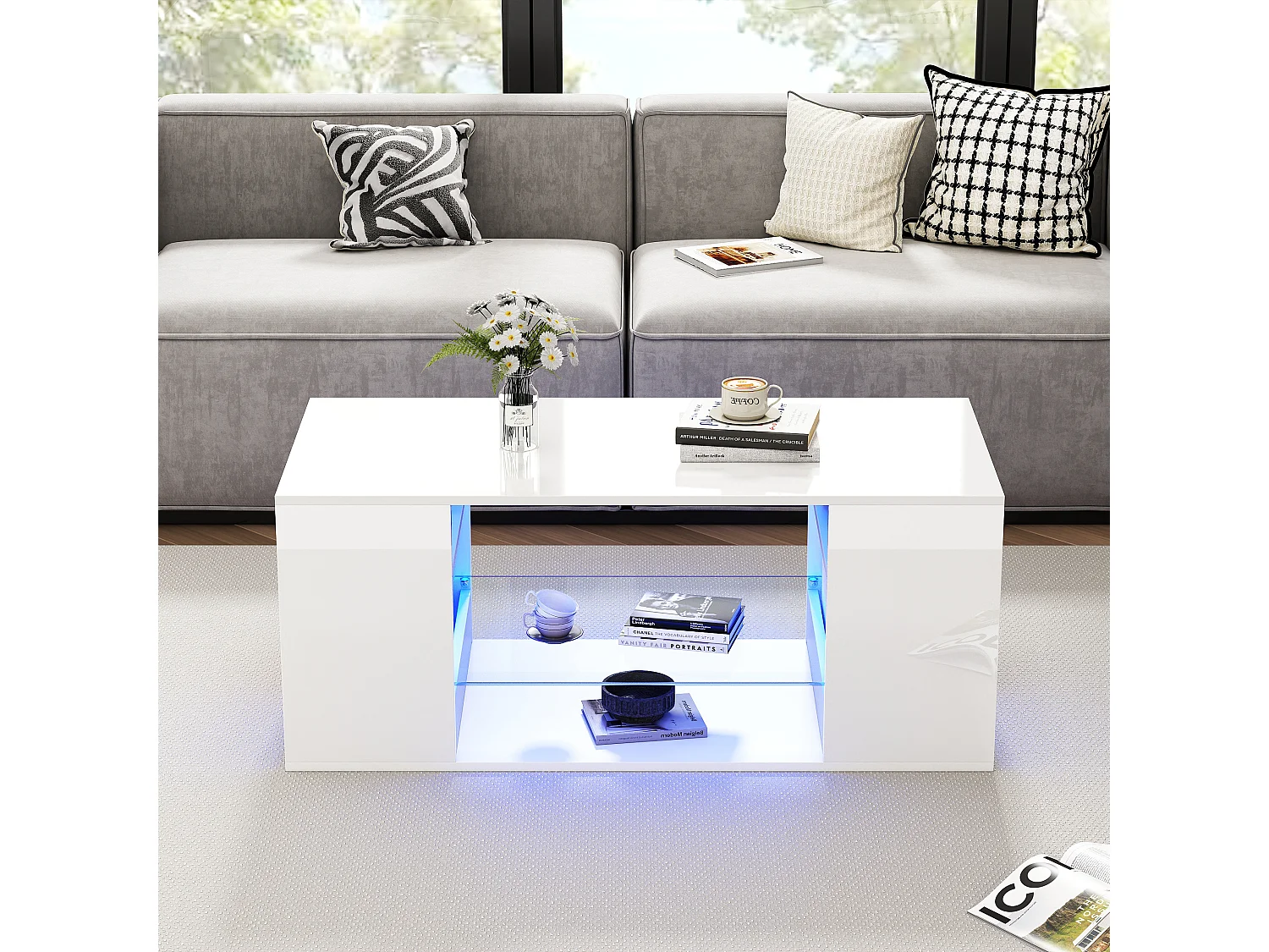 Table basse haute brillance avec verre, LED intégrée, table de salon blanche, plusieurs espaces de rangement, 96x45x45 c