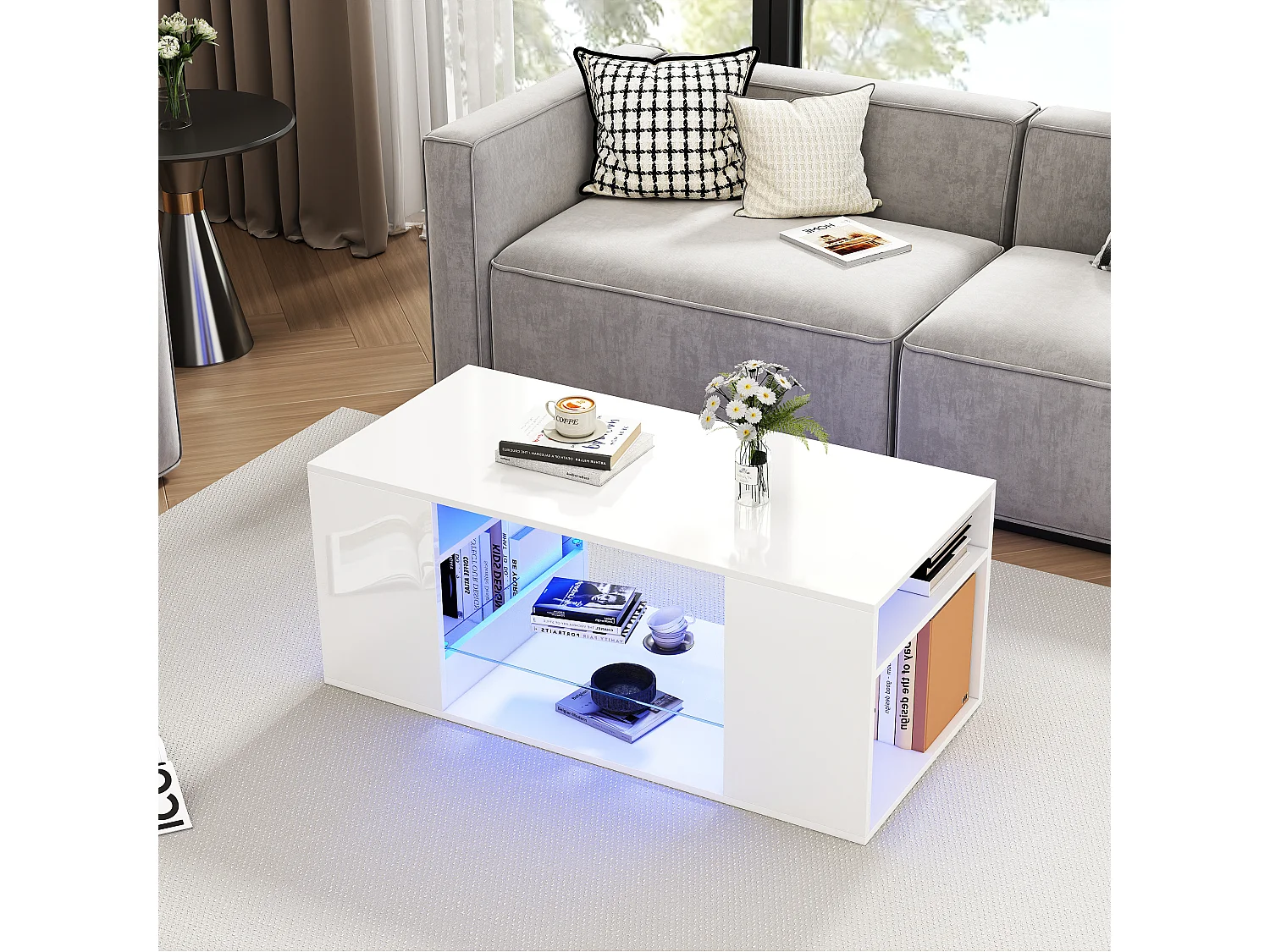 Table basse haute brillance avec verre, LED intégrée, table de salon blanche, plusieurs espaces de rangement, 96x45x45 c