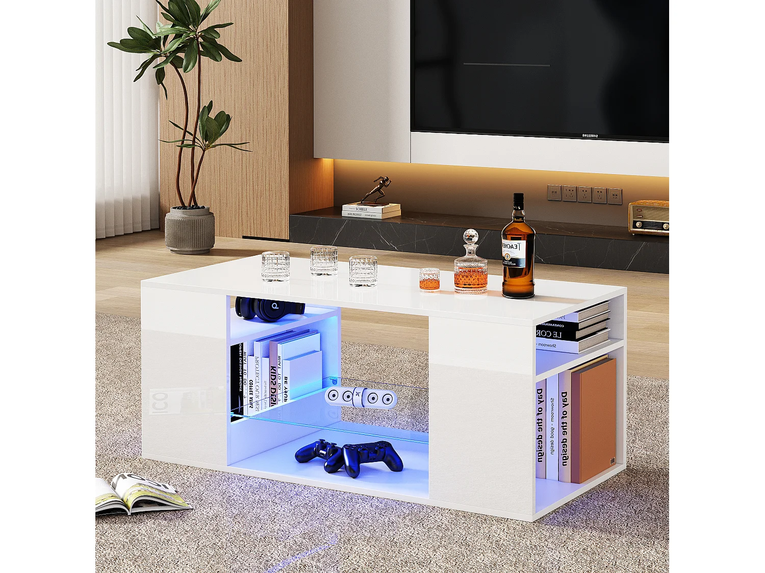 Table basse haute brillance avec verre, LED intégrée, table de salon blanche, plusieurs espaces de rangement, 96x45x45 c