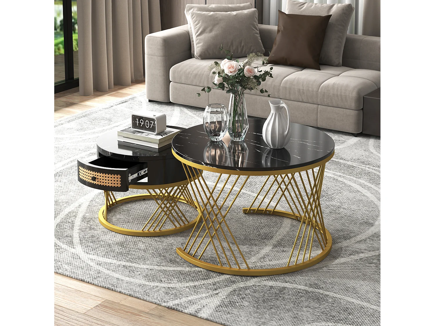 Table basse 2 en 1 ronde en MDF, table d'appoint avec plateau en effet marbre et tiroirs en rotin plastique,70*70*45,5+50*50*38,5cm