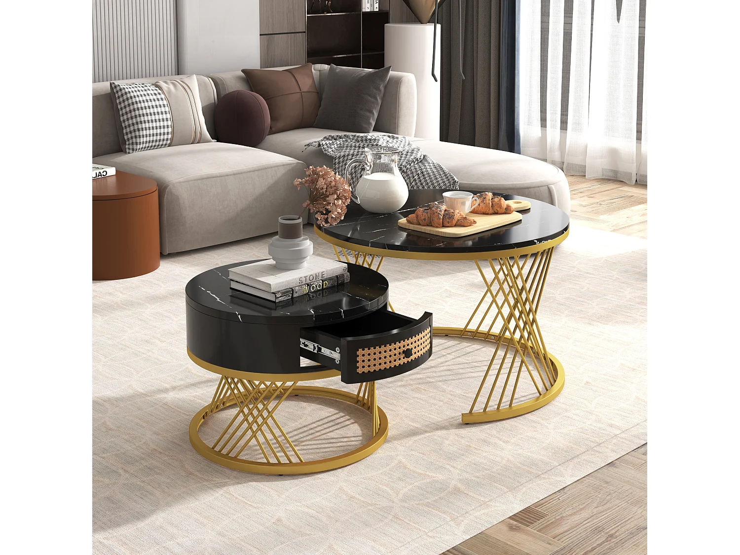 Table basse 2 en 1 ronde en MDF, table d'appoint avec plateau en effet marbre et tiroirs en rotin plastique,70*70*45,5+50*50*38,5cm