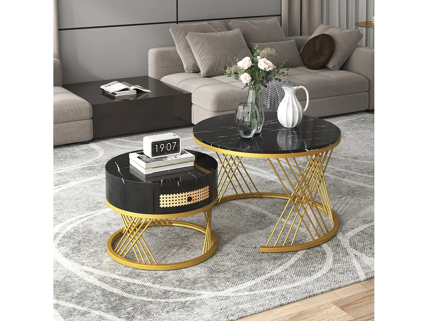 Table basse 2 en 1 ronde en MDF, table d'appoint avec plateau en effet marbre et tiroirs en rotin plastique,70*70*45,5+50*50*38,5cm