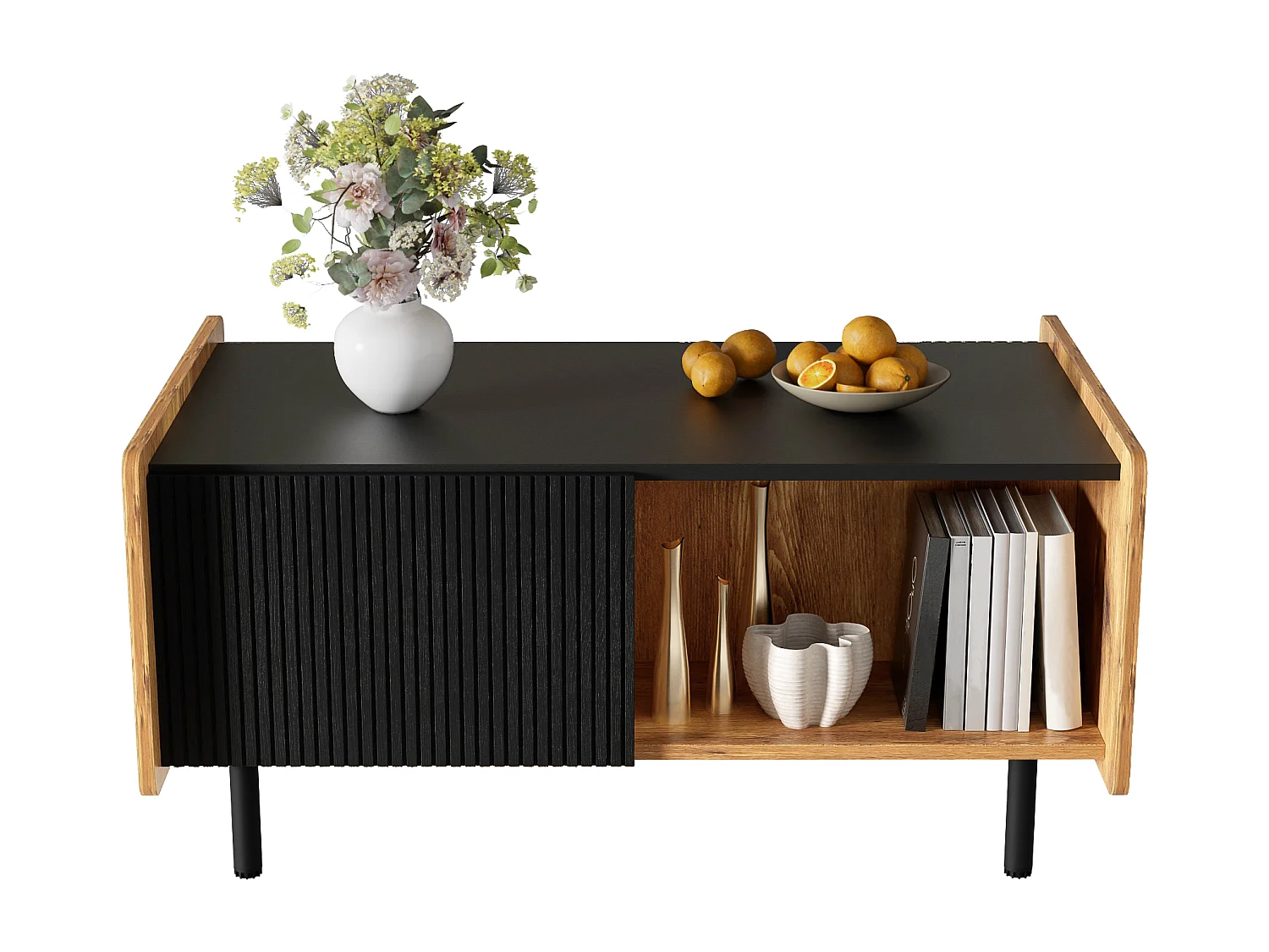 Table Basse Moderne 90 cm – Design Noir et Bois, Deux Compartiments Ouverts et Deux Portes avec Charnières à Fermeture Douce