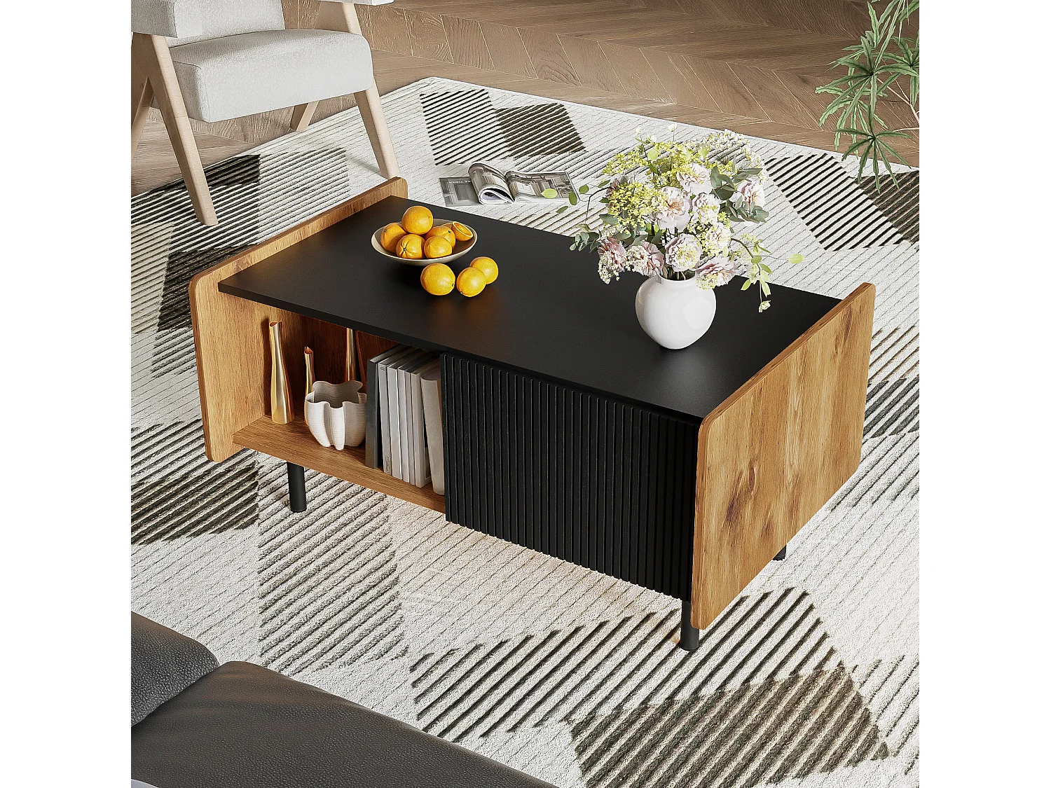Table Basse Moderne 90 cm – Design Noir et Bois, Deux Compartiments Ouverts et Deux Portes avec Charnières à Fermeture Douce