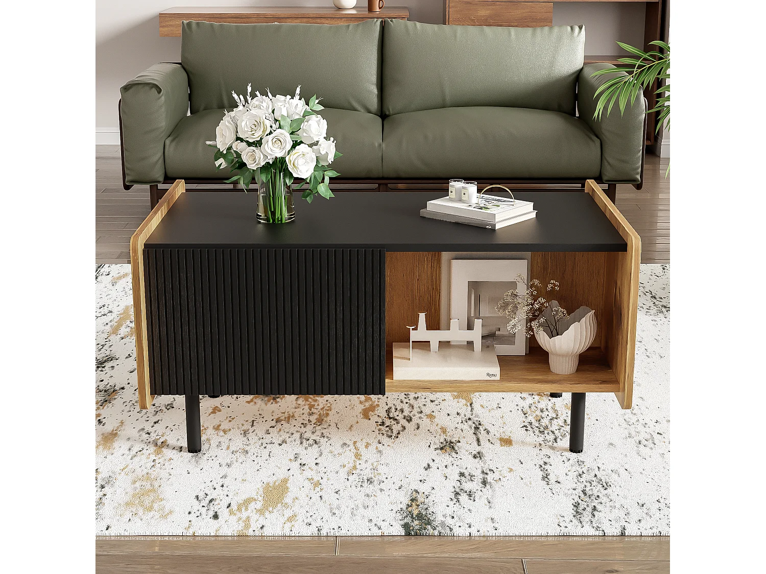 Table Basse Moderne 90 cm – Design Noir et Bois, Deux Compartiments Ouverts et Deux Portes avec Charnières à Fermeture Douce