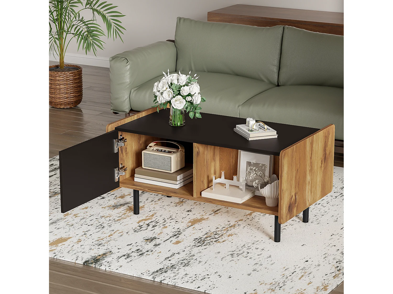 Table Basse Moderne 90 cm – Design Noir et Bois, Deux Compartiments Ouverts et Deux Portes avec Charnières à Fermeture Douce