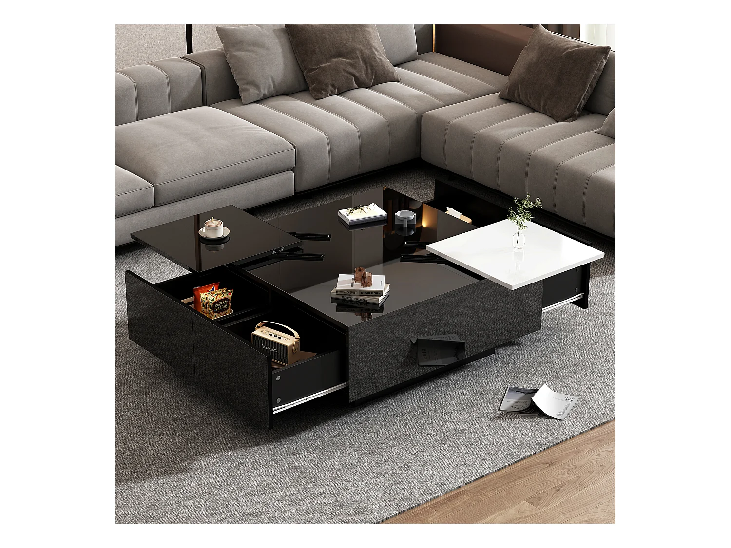 Table basse moderne carrée noire laquée avec plateau coulissant blanc, étagères, 75*75*33,5cm, capacité maximale 30 kg