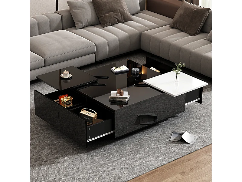 Table basse moderne carrée noire laquée avec plateau coulissant blanc, étagères, 75*75*33,5cm, capacité maximale 30 kg