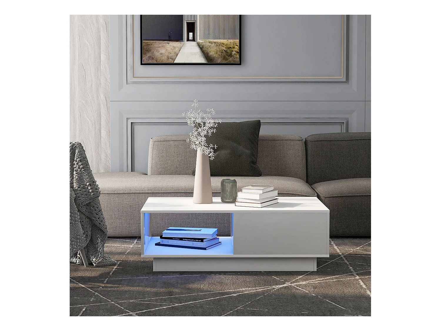 Table basse moderne en MDF haute brillance avec LED, table de salon blanche,15 couleurs,idéal pour décoration intérieure (95 x 55 x 32 cm)