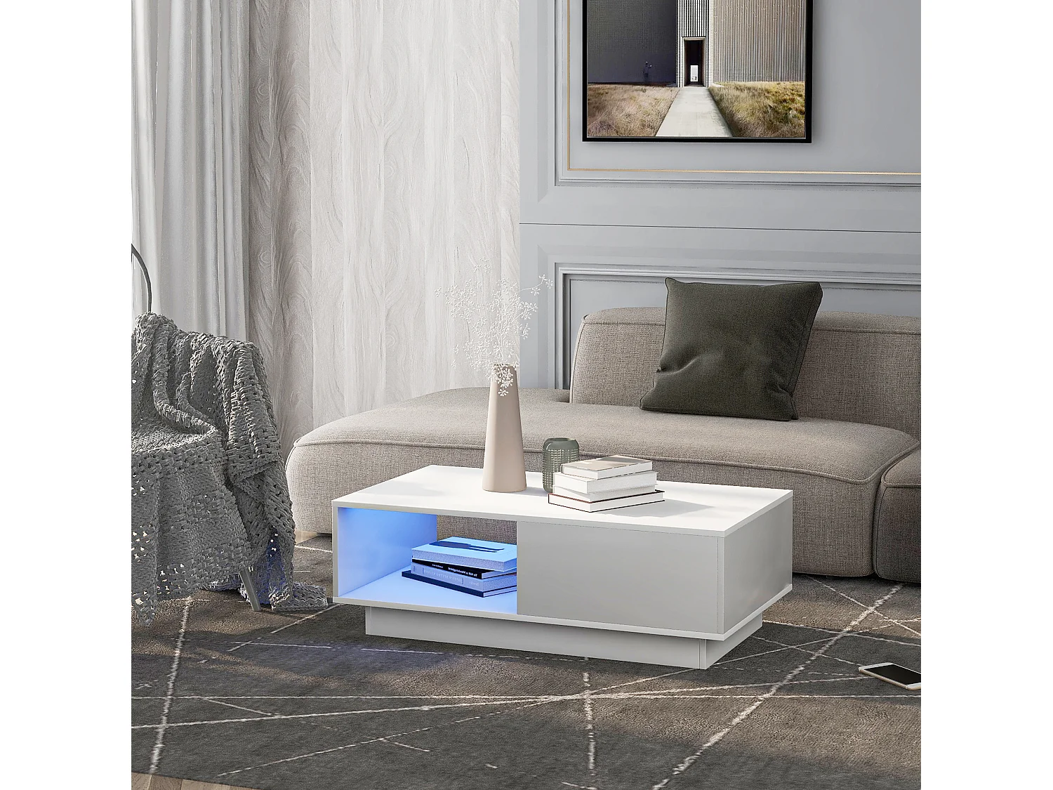 Table basse moderne en MDF haute brillance avec LED, table de salon blanche,15 couleurs,idéal pour décoration intérieure (95 x 55 x 32 cm)