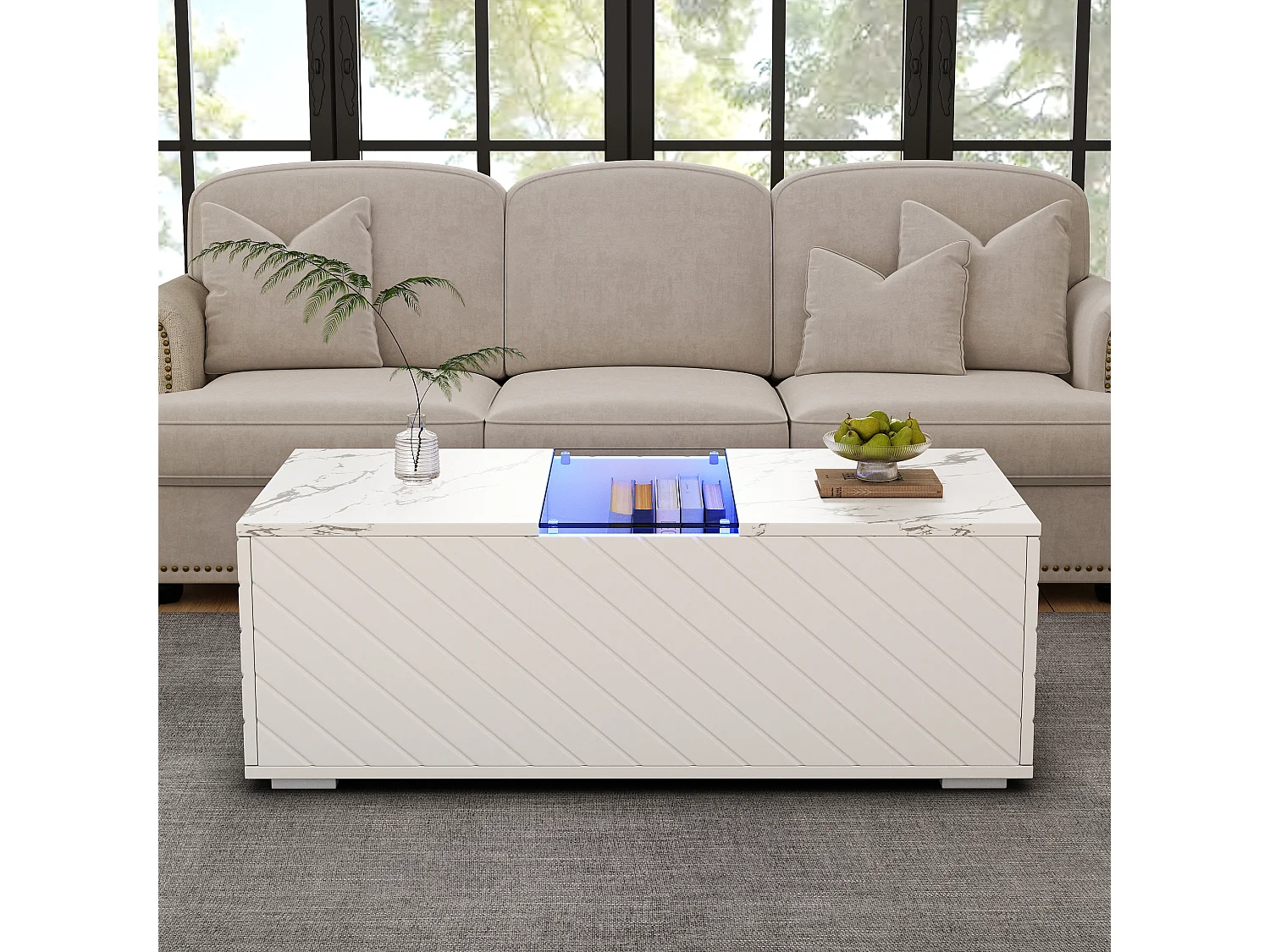Table Basse Blanche 100x50x35 cm avec Motif Marbre, Éclairage LED, Élément en Verre et 2 Tiroirs – Design Moderne, Charge Maximale 20 kg