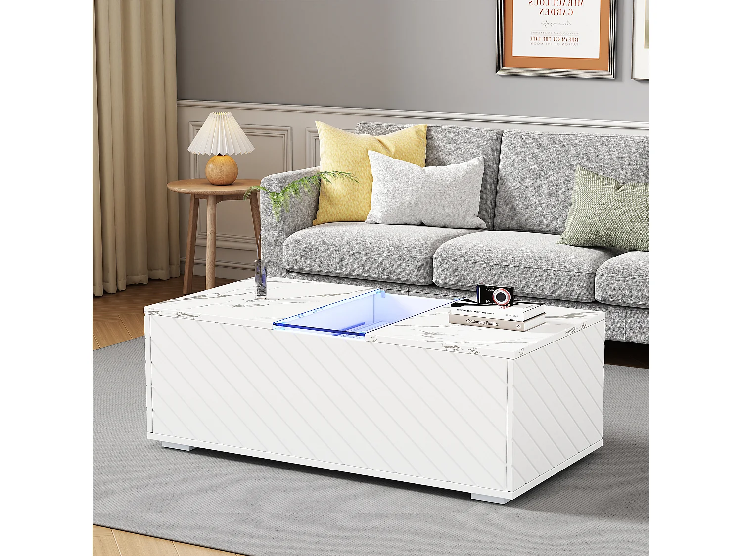 Table Basse Blanche 100x50x35 cm avec Motif Marbre, Éclairage LED, Élément en Verre et 2 Tiroirs – Design Moderne, Charge Maximale 20 kg