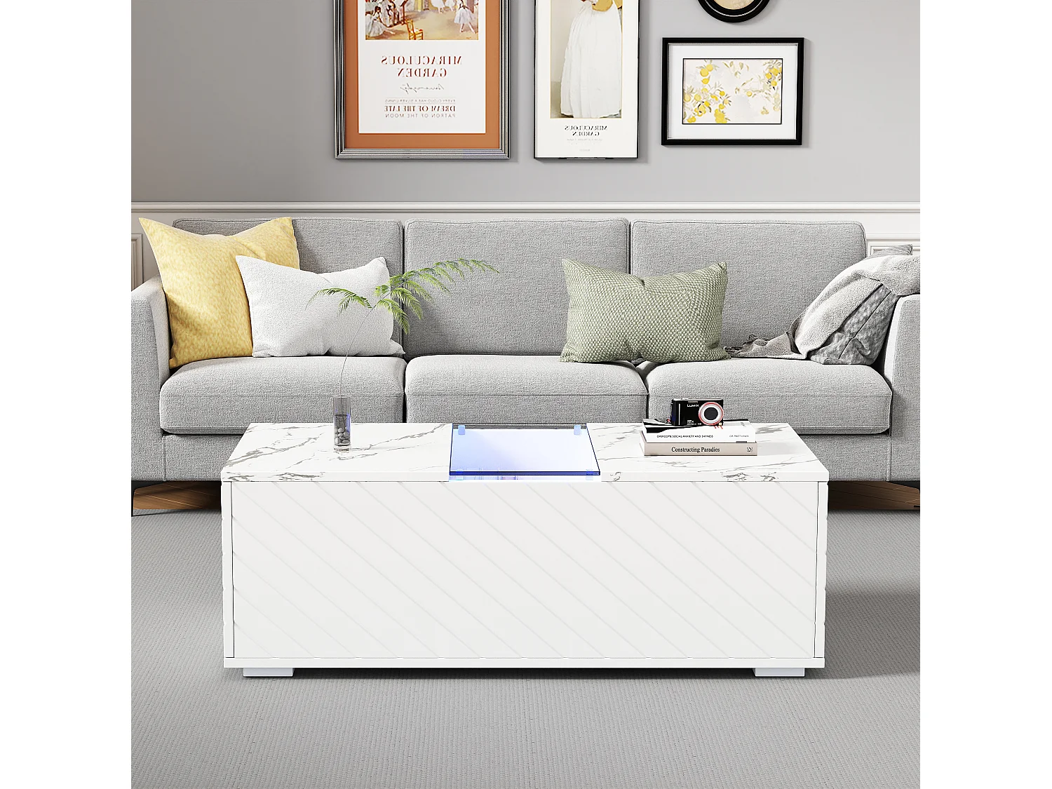 Table Basse Blanche 100x50x35 cm avec Motif Marbre, Éclairage LED, Élément en Verre et 2 Tiroirs – Design Moderne, Charge Maximale 20 kg