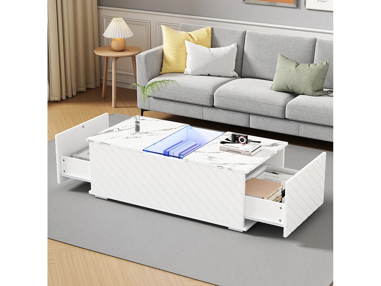 Table Basse Blanche 100x50x35 cm avec Motif Marbre, Éclairage LED, Élément en Verre et 2 Tiroirs – Design Moderne, Charge Maximale 20 kg