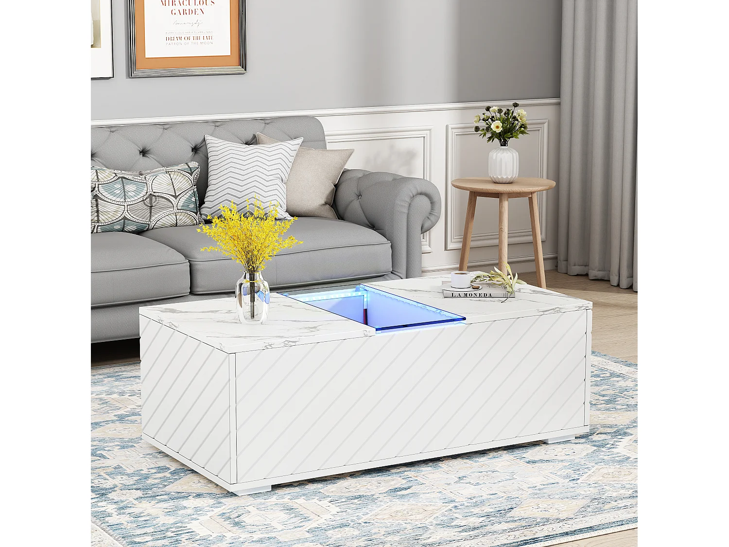 Table Basse Blanche 100x50x35 cm avec Motif Marbre, Éclairage LED, Élément en Verre et 2 Tiroirs – Design Moderne, Charge Maximale 20 kg