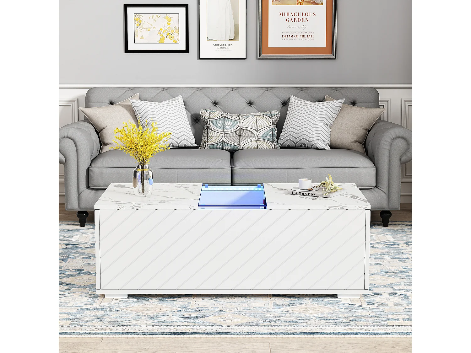 Table Basse Blanche 100x50x35 cm avec Motif Marbre, Éclairage LED, Élément en Verre et 2 Tiroirs – Design Moderne, Charge Maximale 20 kg