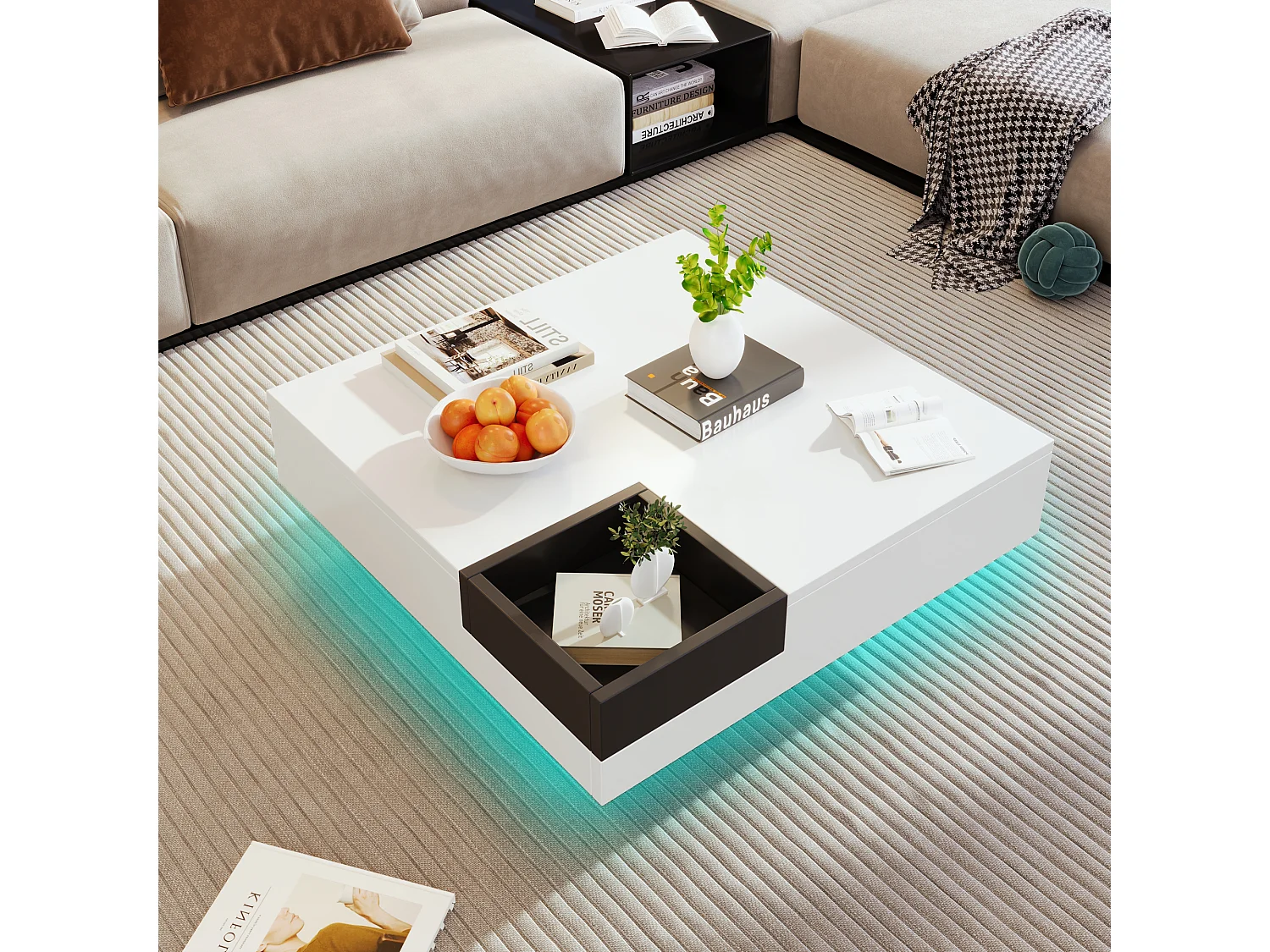 Table Basse Moderne Haute Brillance 72x72x30 cm – Design Colorblock Noir et Blanc avec Boîte de Rangement Amovible et Effet LED Multicolore