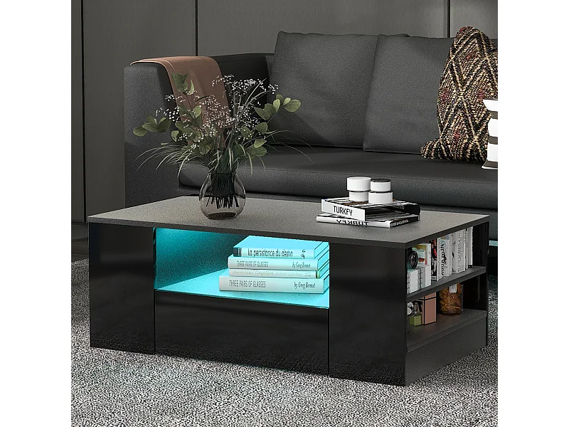 Table Basse Moderne Haut Brillant avec 2 Tiroirs et 2 Étagères, Table de Salon avec Éclairage LED, 95 x 53 x 37 cm