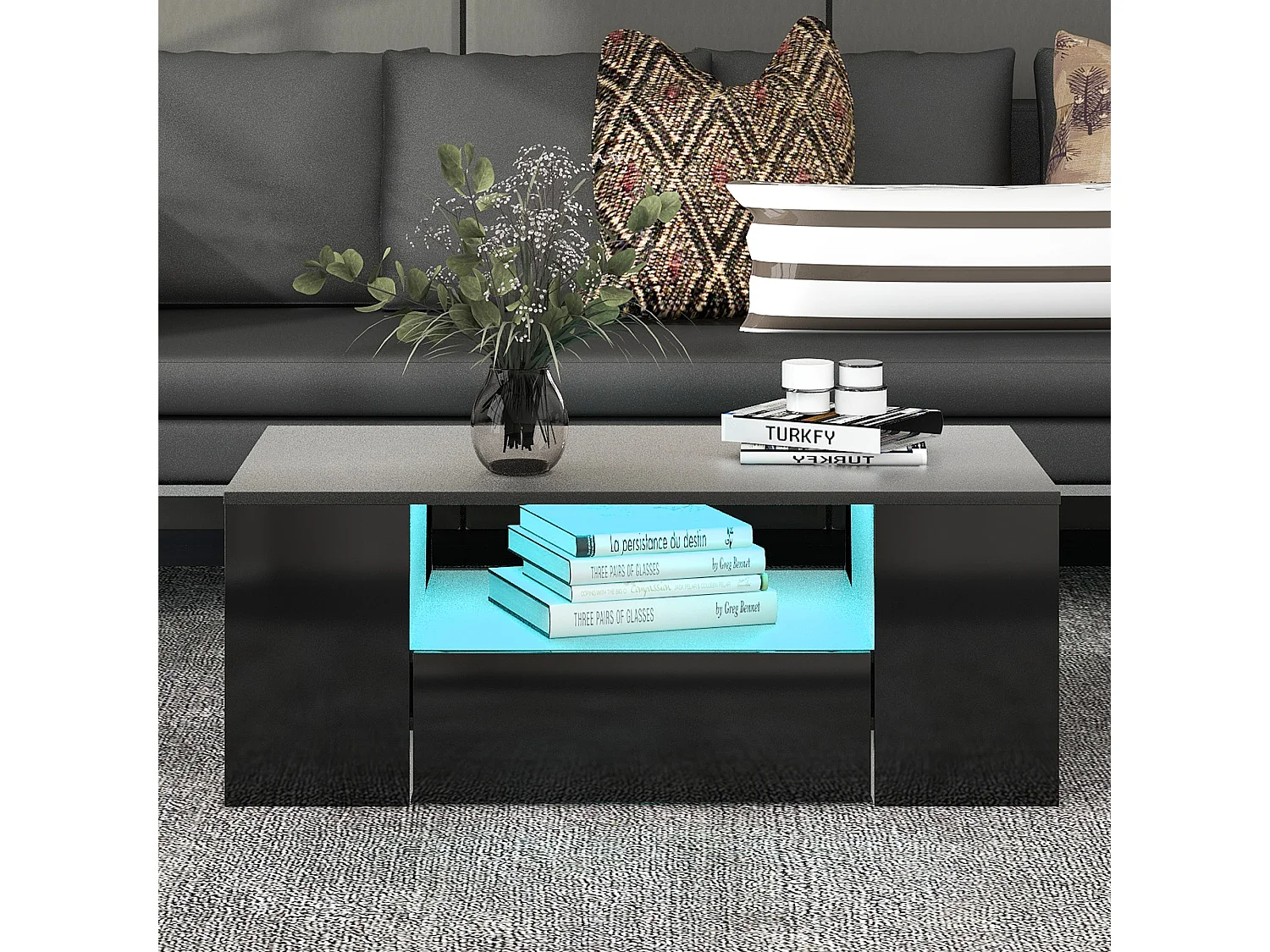 Table Basse Moderne Haut Brillant avec 2 Tiroirs et 2 Étagères, Table de Salon avec Éclairage LED, 95 x 53 x 37 cm