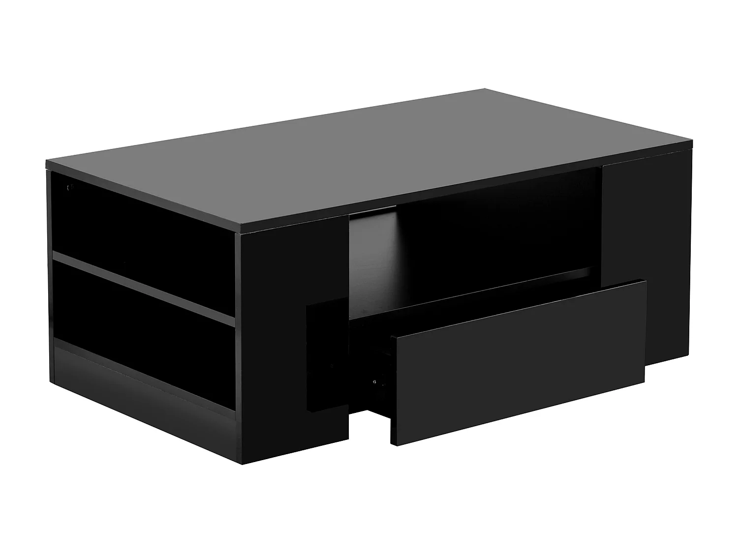 Table Basse Moderne Haut Brillant avec 2 Tiroirs et 2 Étagères, Table de Salon avec Éclairage LED, 95 x 53 x 37 cm