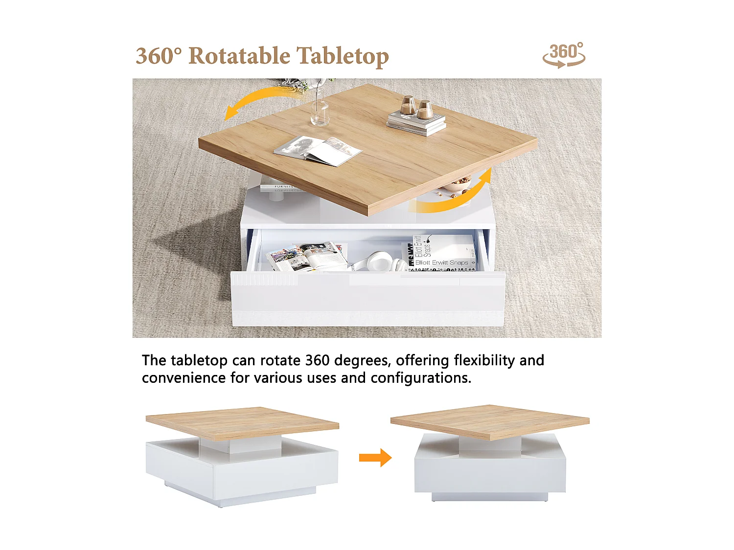 Table basse carrée multifonctionnelle 360° rotative avec tiroir de rangement, blanc laqué, 2 niveaux, cadre en bois de noyer pour salon - 70x70x36 cm