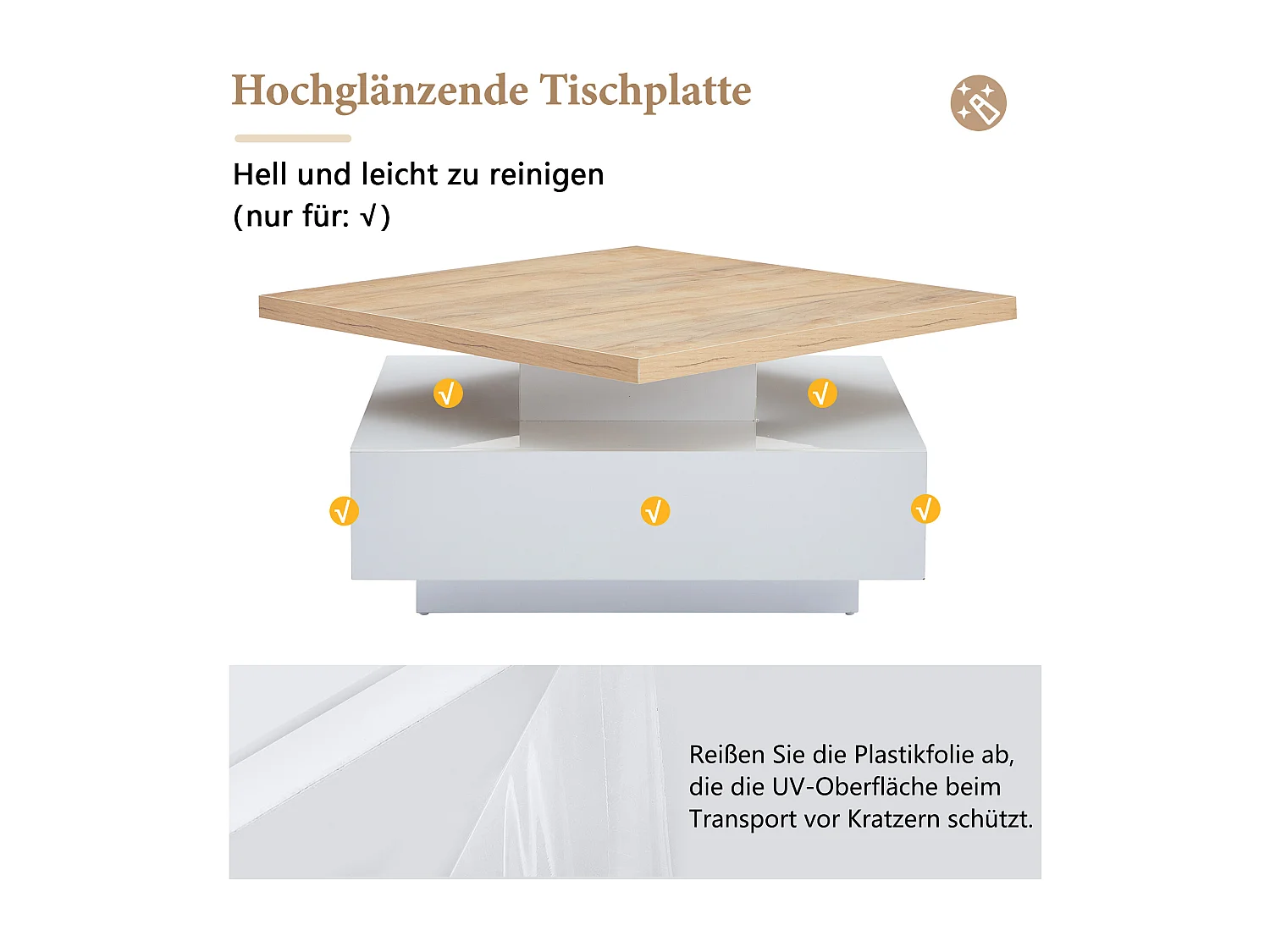 Table basse carrée multifonctionnelle 360° rotative avec tiroir de rangement, blanc laqué, 2 niveaux, cadre en bois de noyer pour salon - 70x70x36 cm