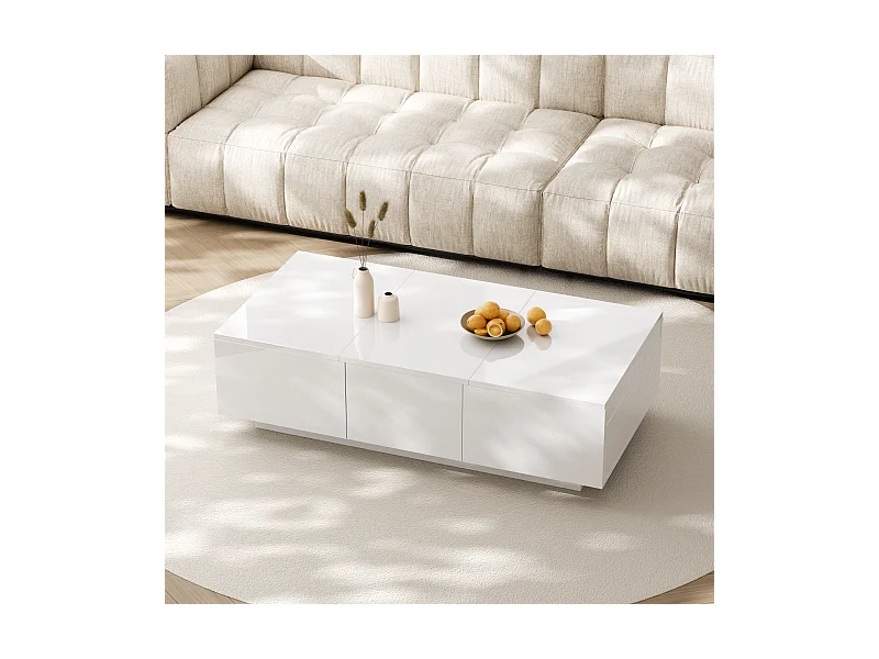 Table basse moderne en finition haute brillance avec rangement Push-Pull et tiroirs doubles – 100 x 50 x 31 cm