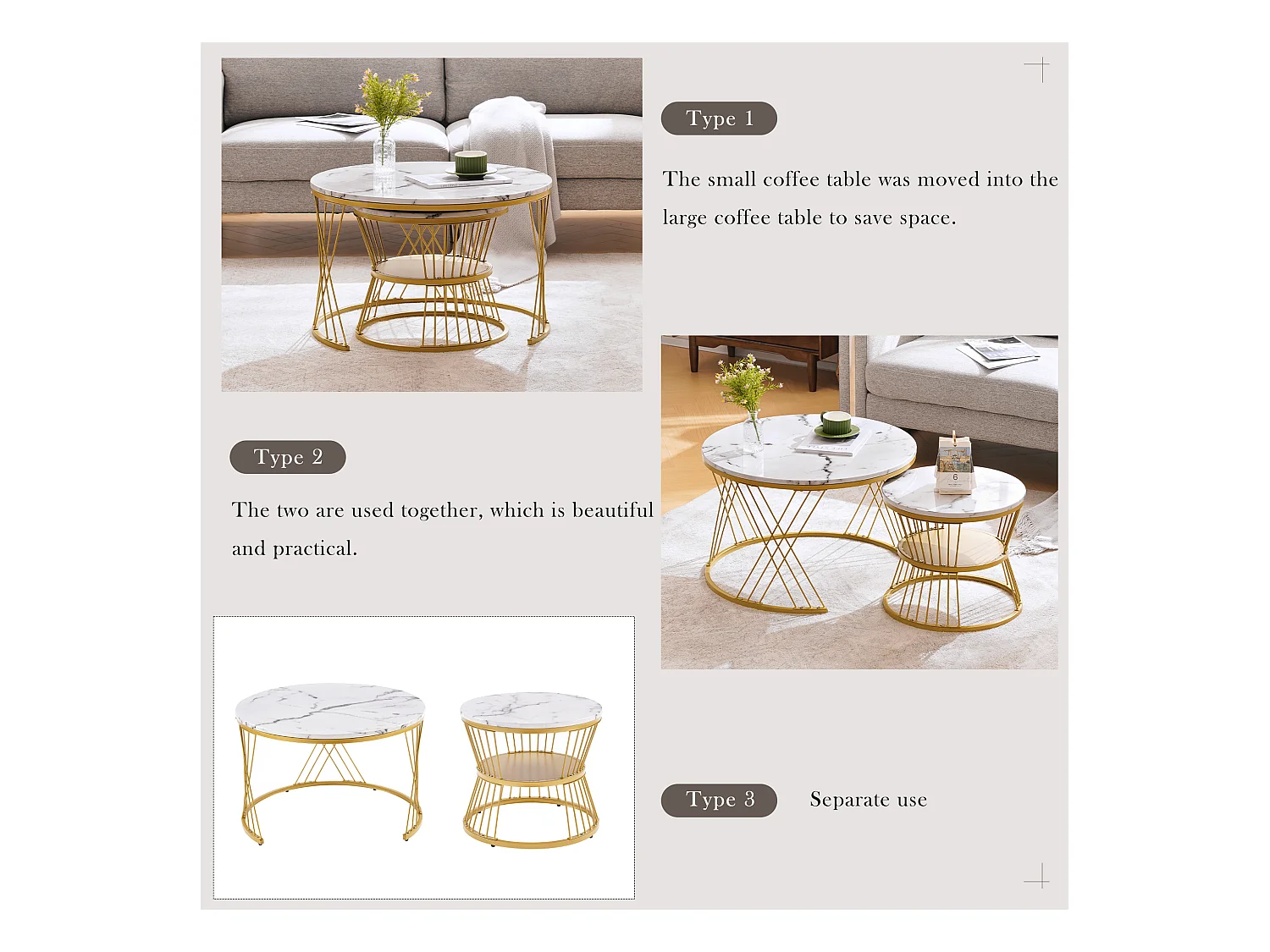 Table basse moderne empilable, ensemble de 2 tables rondes avec finition haute brillance et décor marbre, cadre métallique doré, pour salon