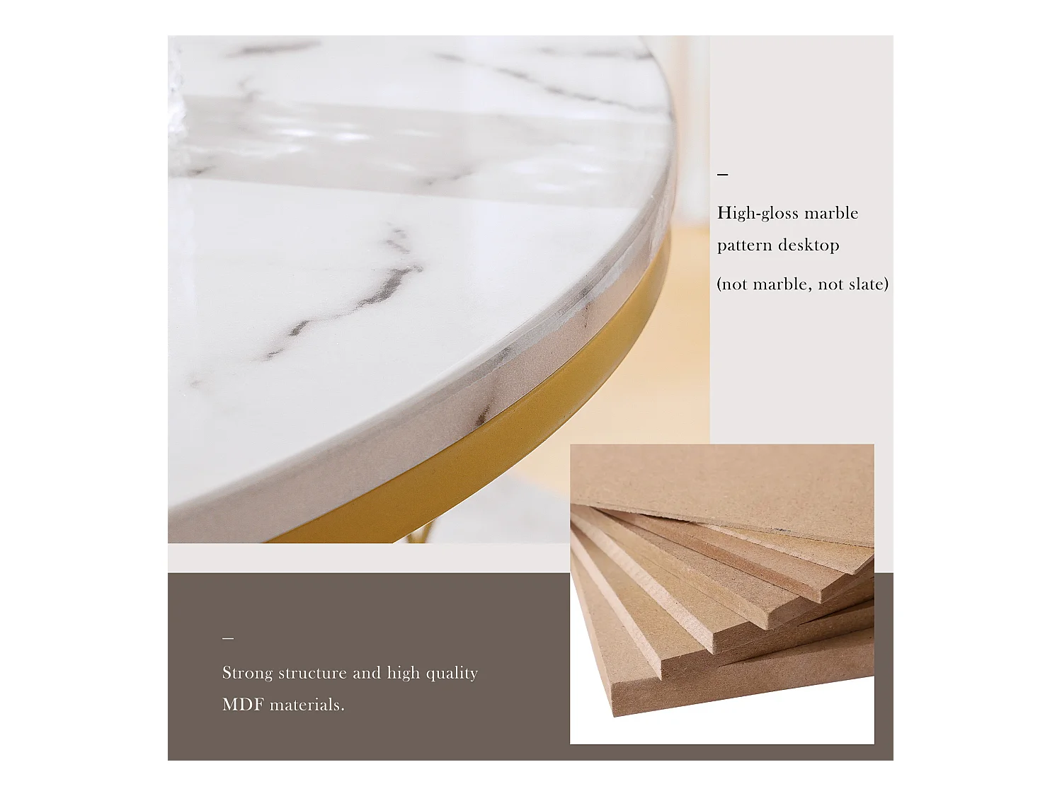 Table basse moderne empilable, ensemble de 2 tables rondes avec finition haute brillance et décor marbre, cadre métallique doré, pour salon