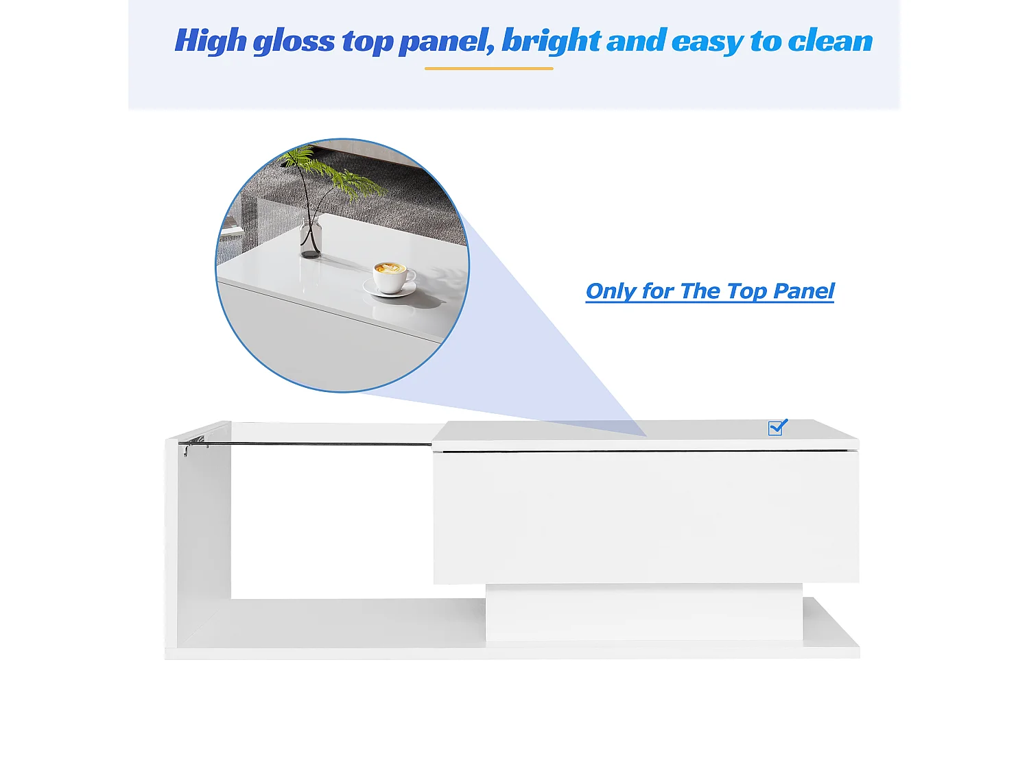 Table basse haute brillance blanche avec plateau en verre et tiroir, 100x50x32 cm, avec éclairage LED, design moderne