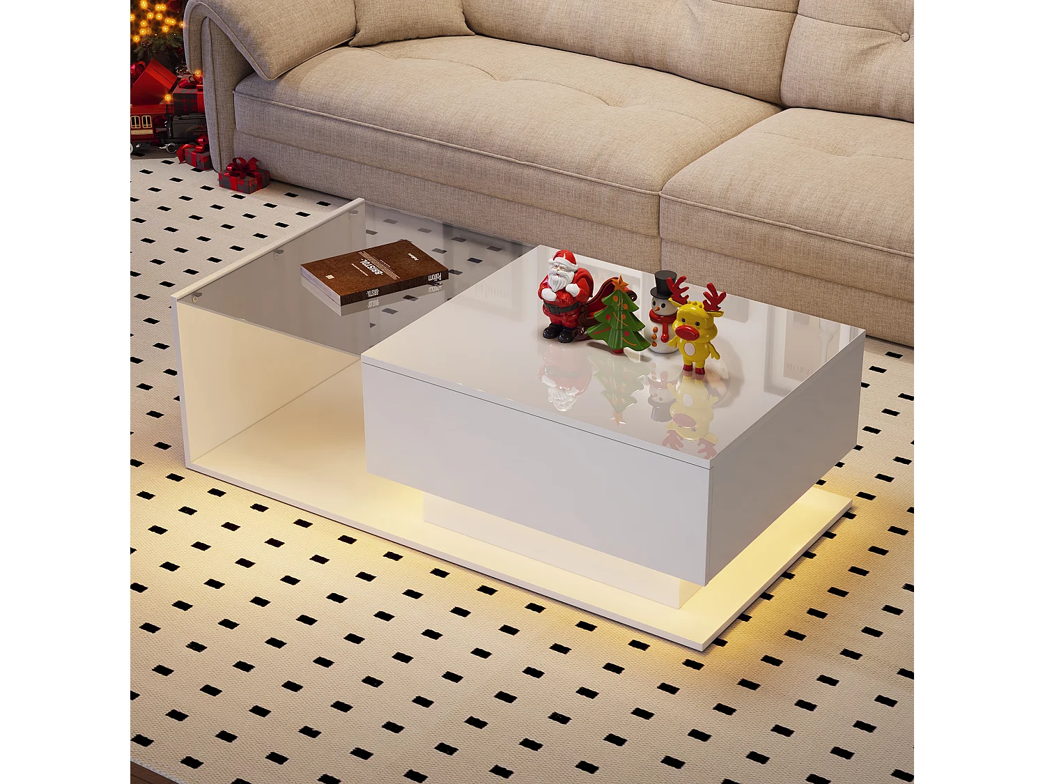 Table basse haute brillance blanche avec plateau en verre et tiroir, 100x50x32 cm, avec éclairage LED, design moderne